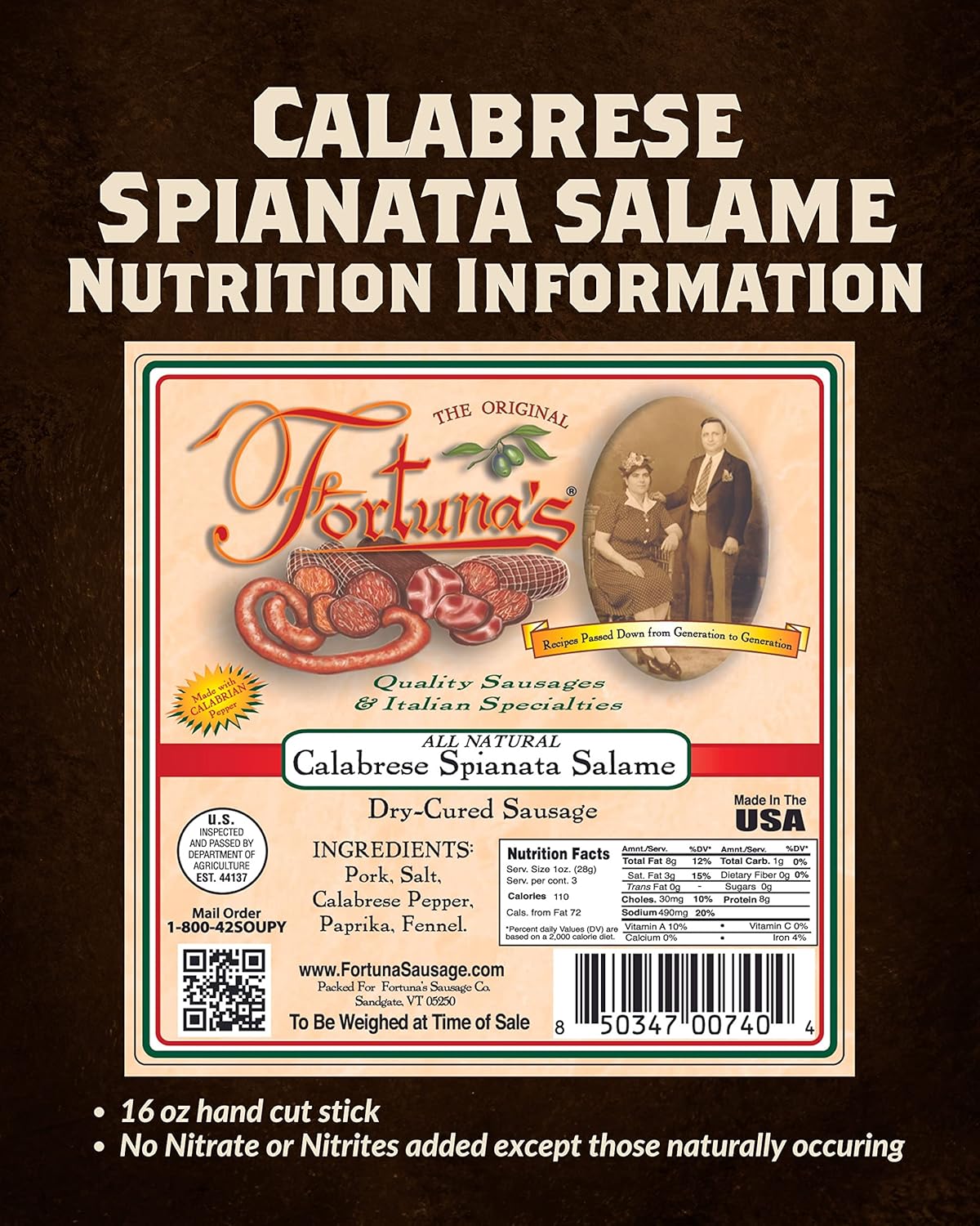 Fortuna’s Calabrese Spianata Salame – Salame picante, sin gluten, sin nitratos y 100% natural, fabricado en EE. UU., Salame curado en seco de 16