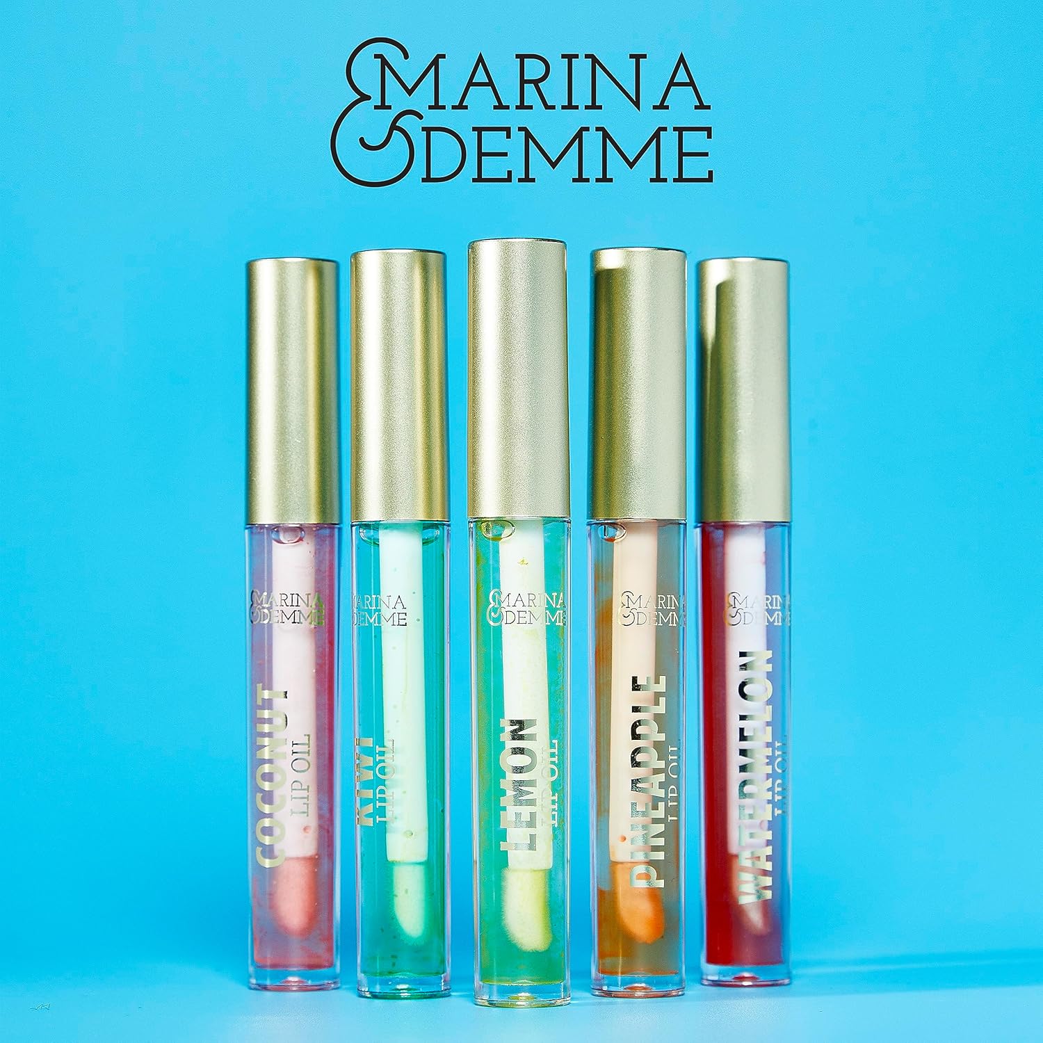 Marina and Demme Colección de 5 piezas de aceites labiales tropicales juego de 5 brillos labiales vibrantes en tubos aptos para viajes (0.1 fl oz