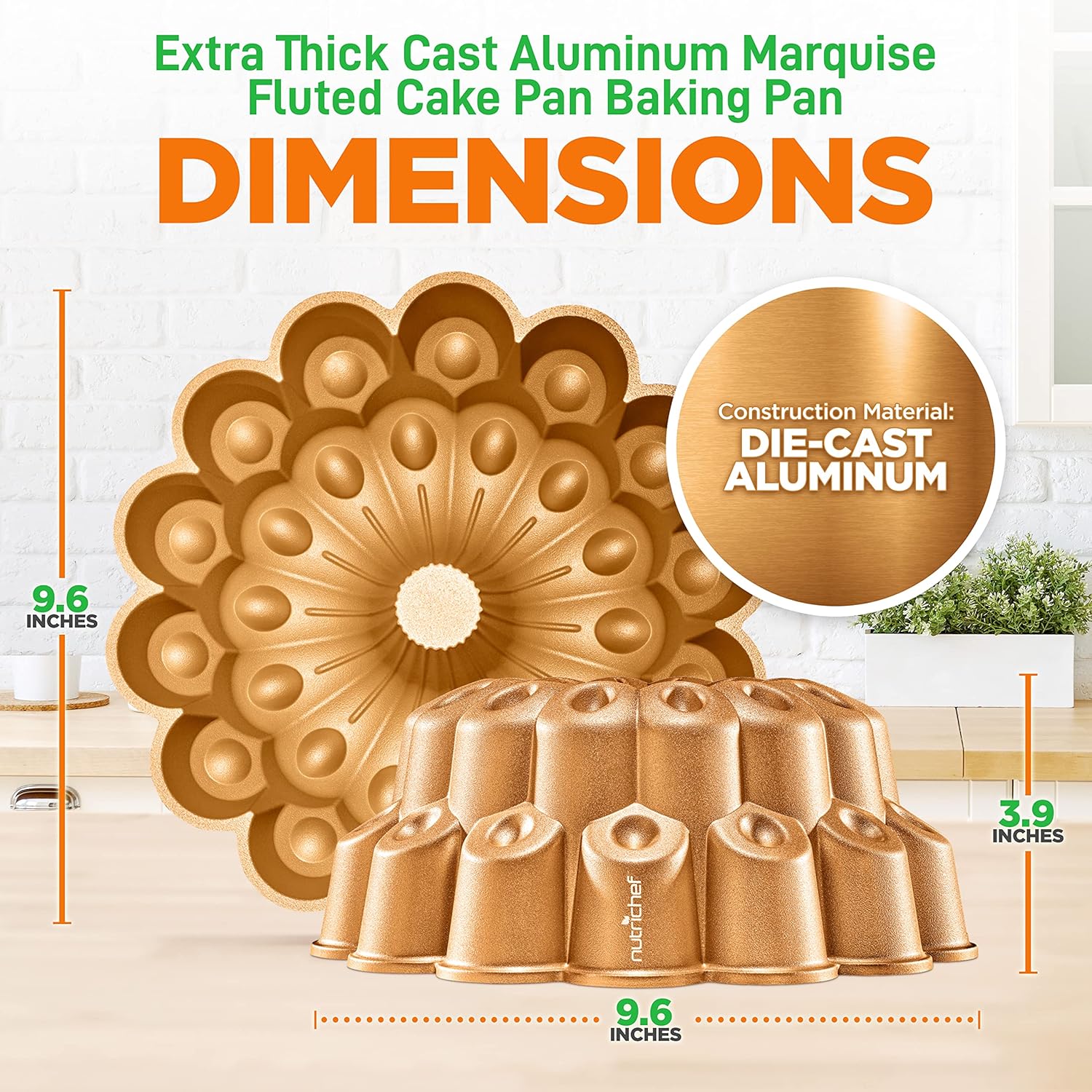 NutriChef Molde para pasteles Marquise Bundt de 9 pulgadas, utensilios para hornear de aluminio fundido grueso y pesado con bordes estriados de