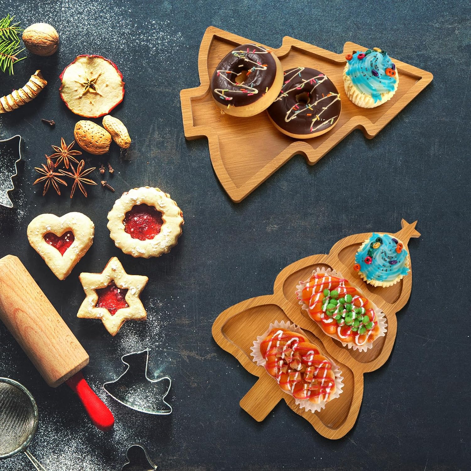 Bencailor 3 platos de madera para árbol de Navidad, bandeja para servir árbol de Navidad, tablero de árbol de Navidad con forma de tablero para