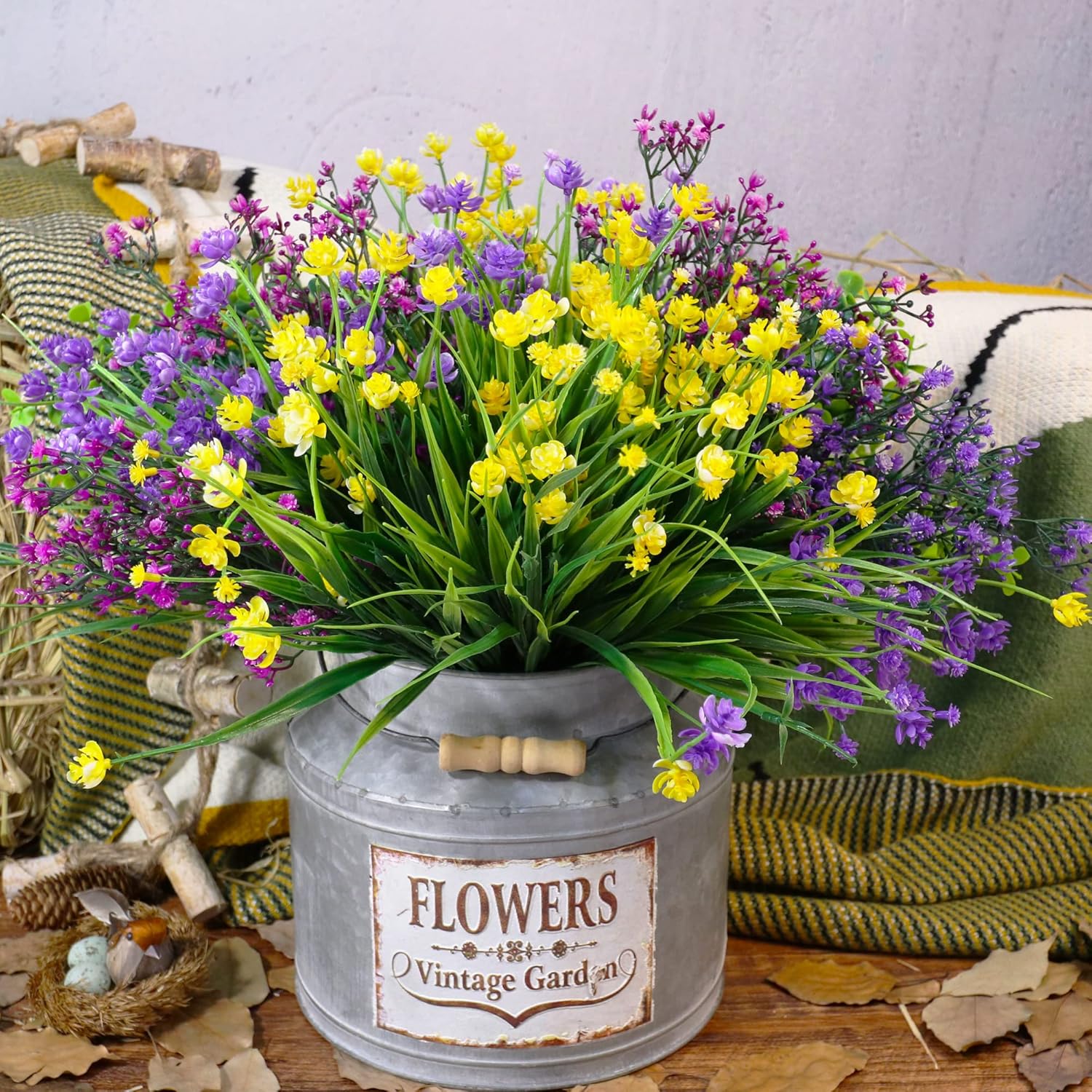 12 paquetes de flores artificiales para exteriores, resistentes a los rayos UV, no se decoloran, arbustos de plástico sintético, plantas verdes para