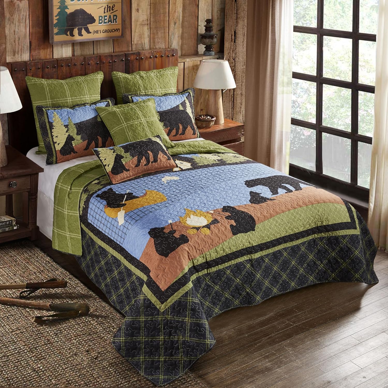 Virah Bella Juego de ropa de cama King Lodge de 3 piezas, Bear Lake, juego de edredón reversible de campamento con fundas de almohada decorativas,
