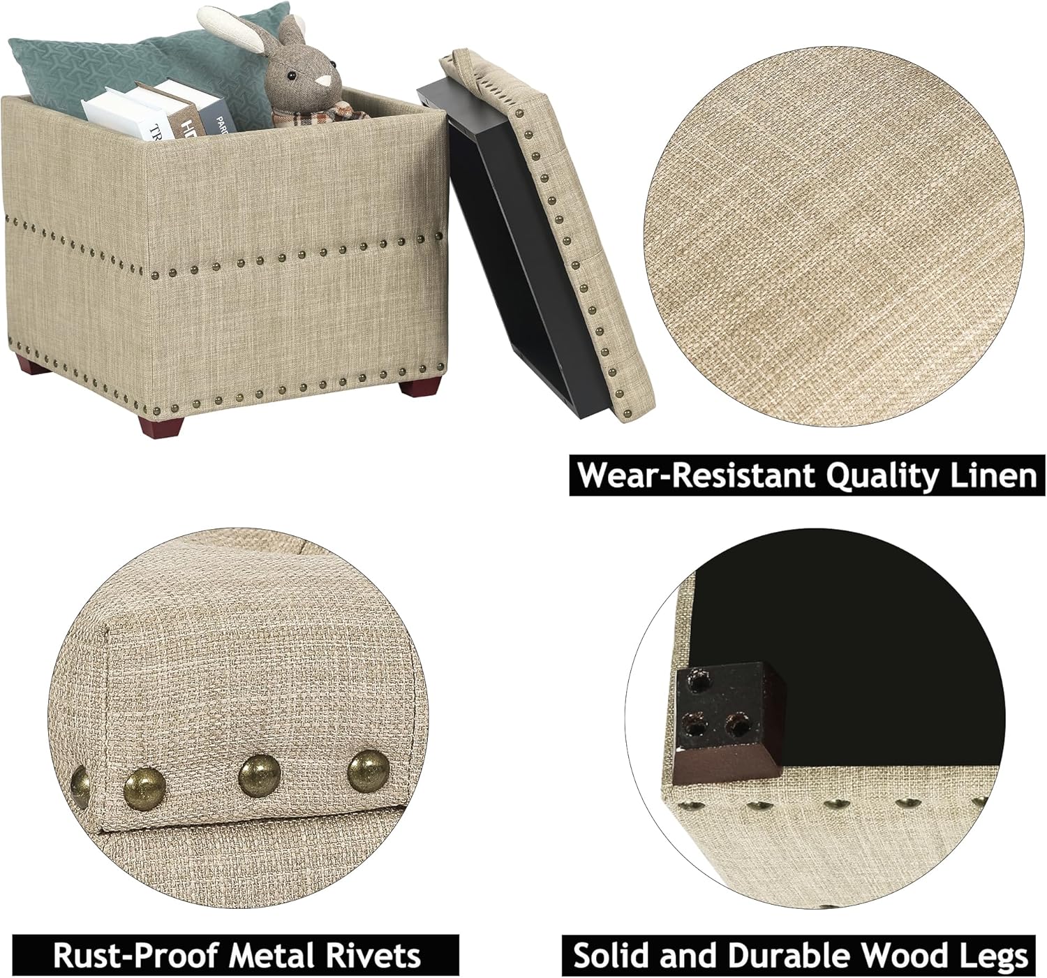 Adeco Taburetes otomanos de 18 pulgadas de alto, taburetes de lino beige con bandeja, taburete de tocador tapizado con patas de madera maciza