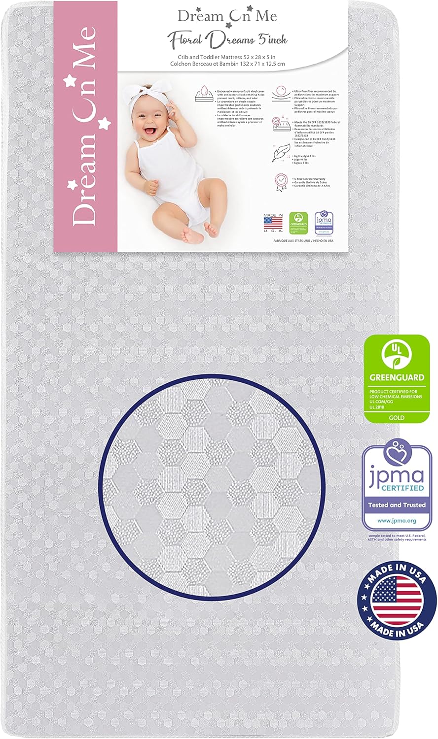 Carson Classic 3 en 1 Cuna convertible en panal blanco ortopédico firme fibra estándar colchón para cuna de bebé