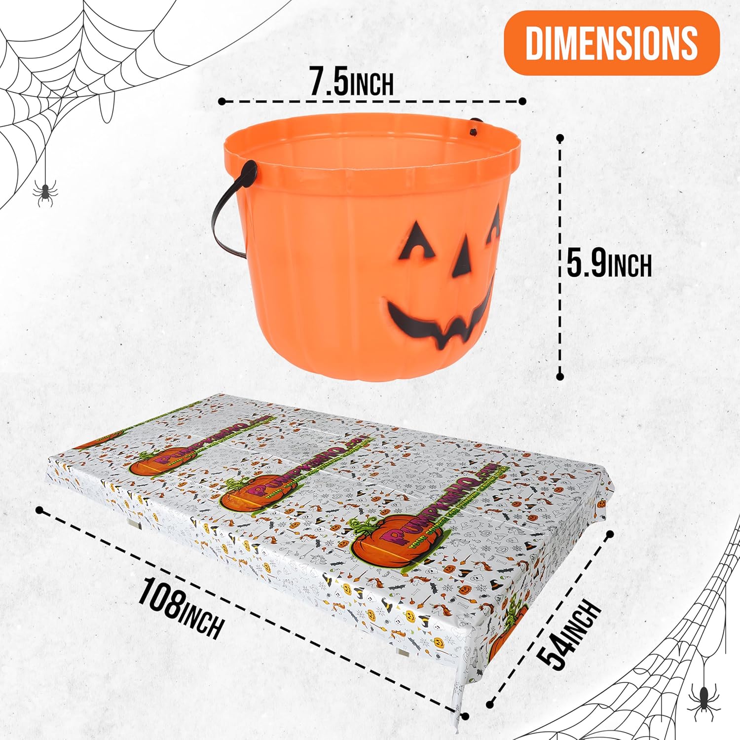 Cubo de calabaza de Halloween y cubierta de mesa con temática de Halloween para una fácil limpieza, cubo de calabaza de plástico para recoger las