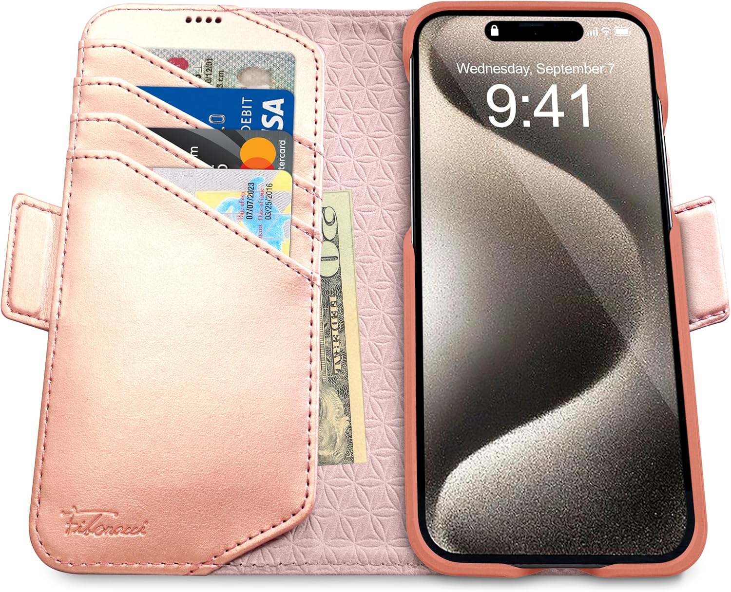 Dreem Fibonacci – Funda tipo cartera para iPhone 15 Pro, 2 en 1, a prueba de golpes, funda MagSafe y desmontable de cuero vegano de lujo con