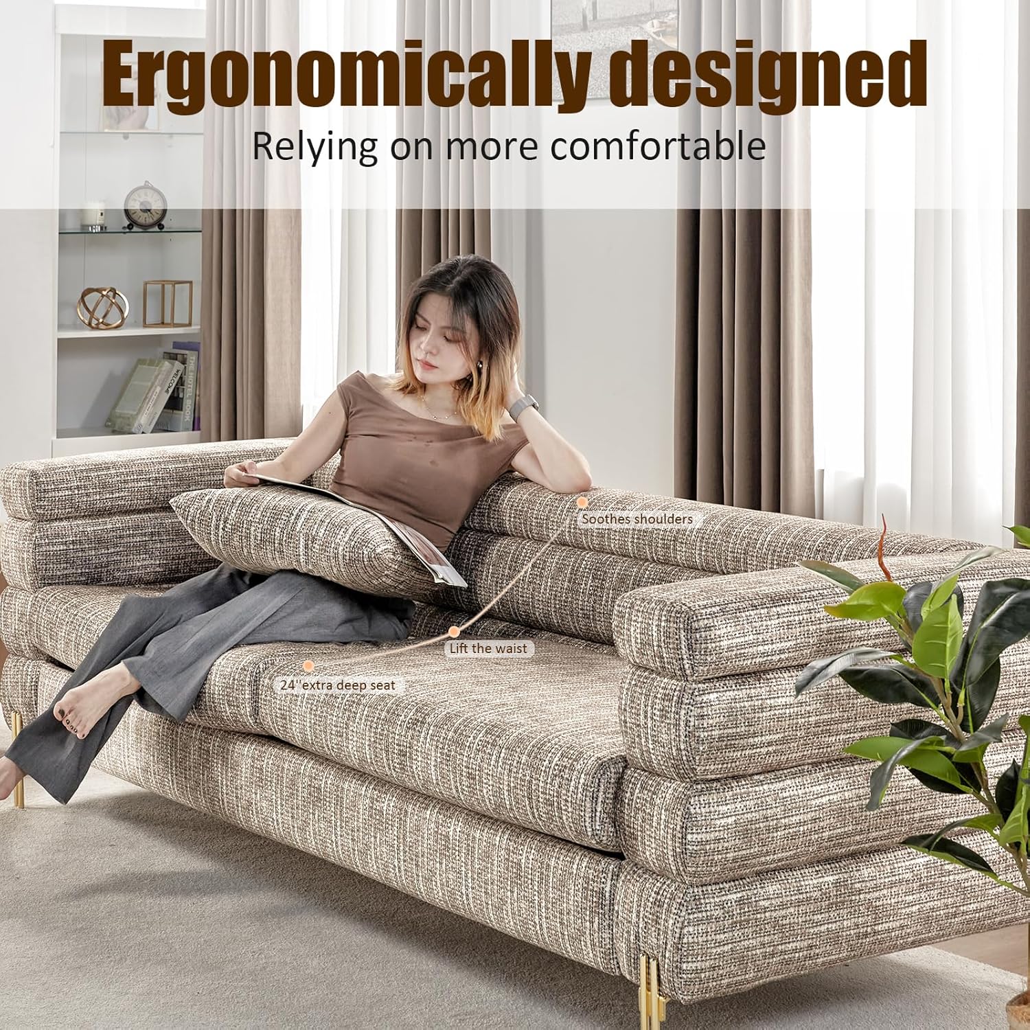 Sofá moderno, sofá modular de 24 pulgadas con asiento extra profundo para sala de estar, sofá de gran tamaño de 85 pulgadas, sofá de 3 asientos,
