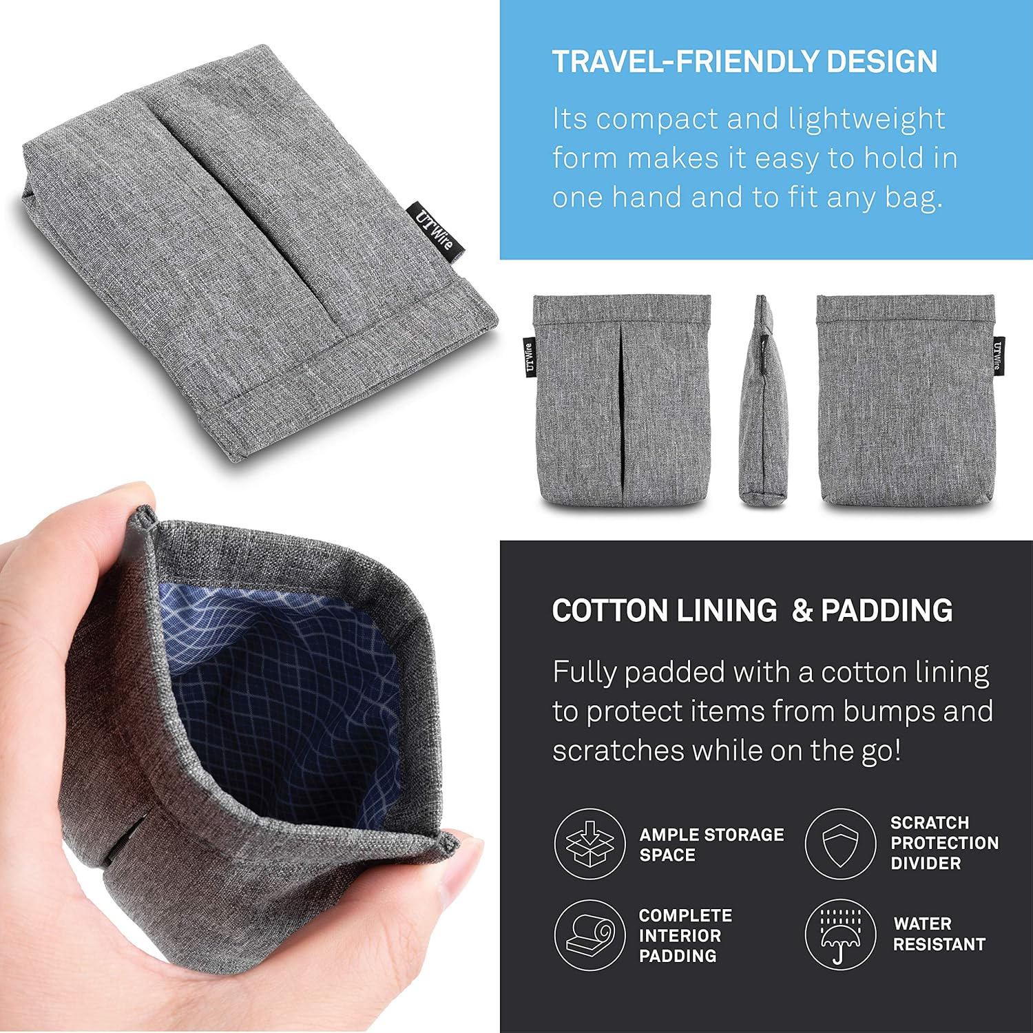 Bolsillo para auriculares y cargador Snap & Store Bolsa de viaje acolchada para accesorios AirPods Pro, auriculares en gris