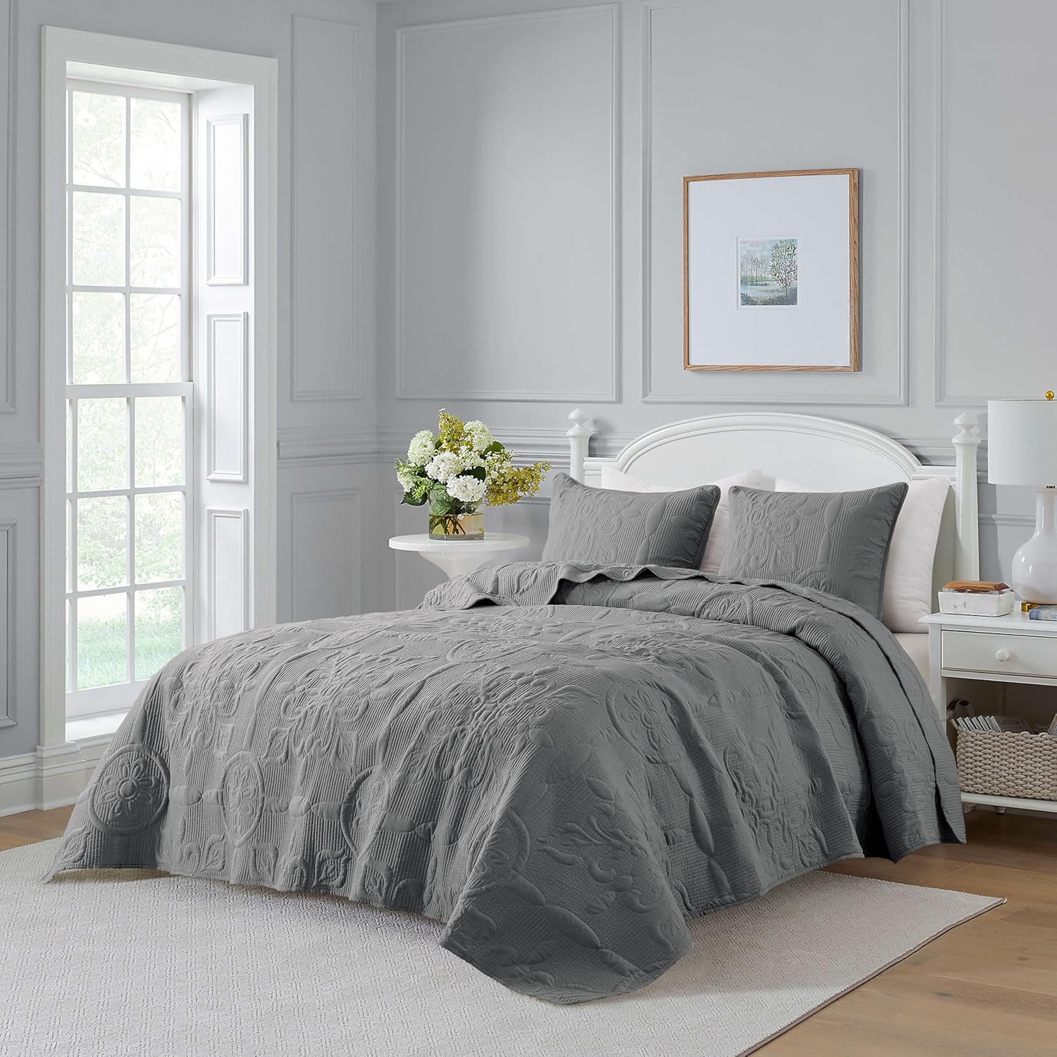 Juego de ropa de cama de damasco tamaño Queen con fundas de almohada, colcha bohemia ligera y suave, manta acolchada gris, funda de edredón fina