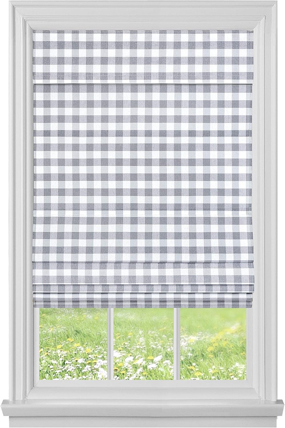 Achim Home Furnishings, Persiana romana de cuadros Buffalo Inalámbricos Gris 33 x 64 pulgadas
