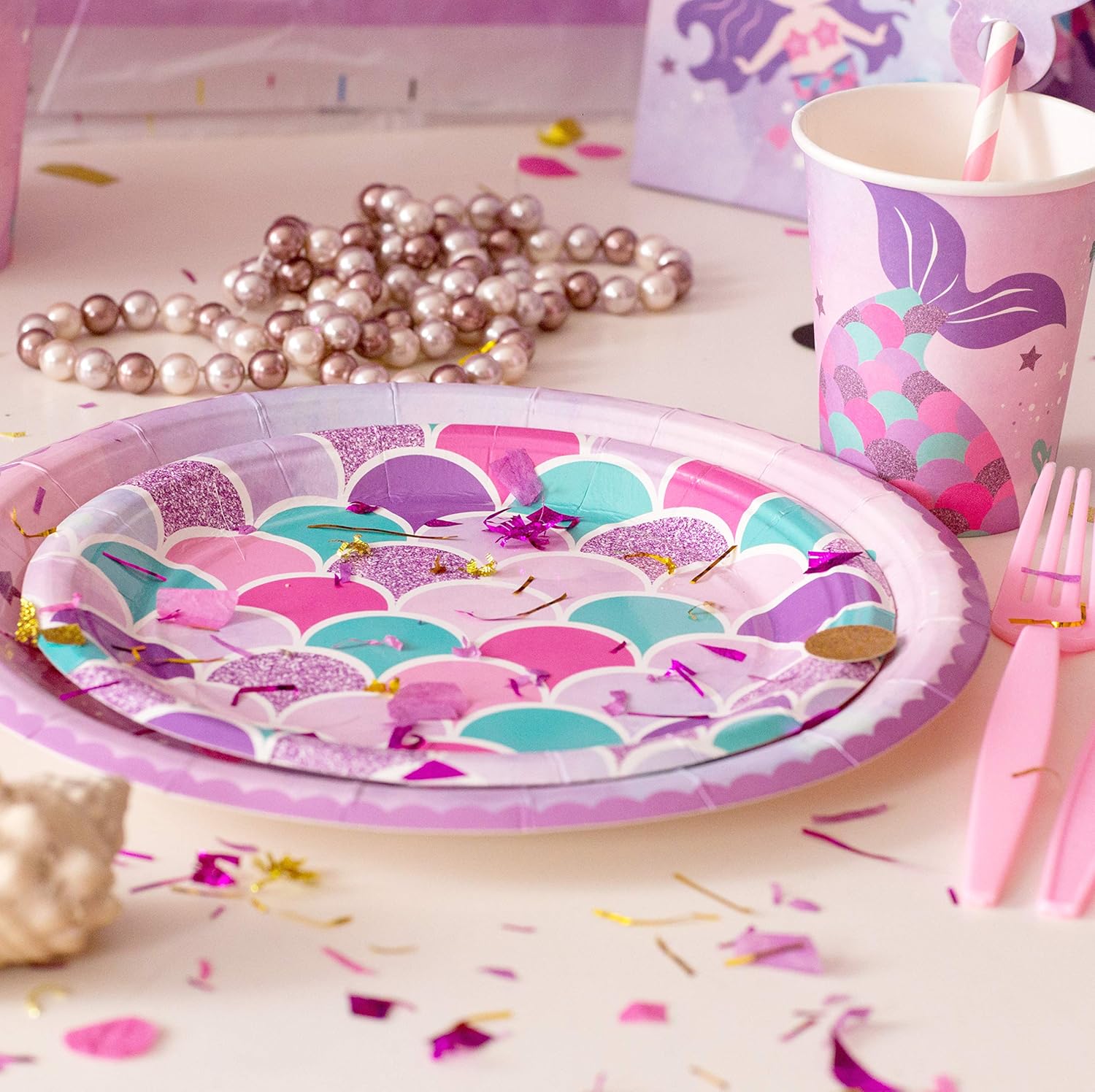 Platos y tazas de sirena y servilletas para 16 invitados  16 platos de papel grandes, platos pequeños, vasos, servilletas  Decoraciones de