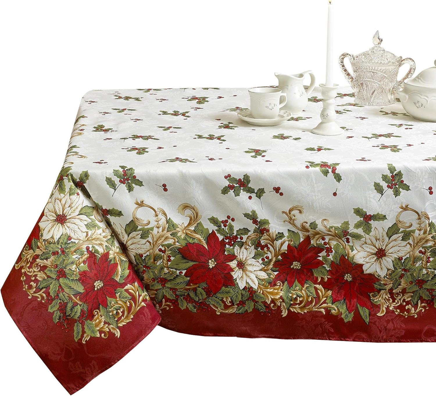 Violet Linen Mantel decorativo de Navidad con flores europeas, estampado de flor de pascua y bayas de acebo, 60 x 84 pulgadas