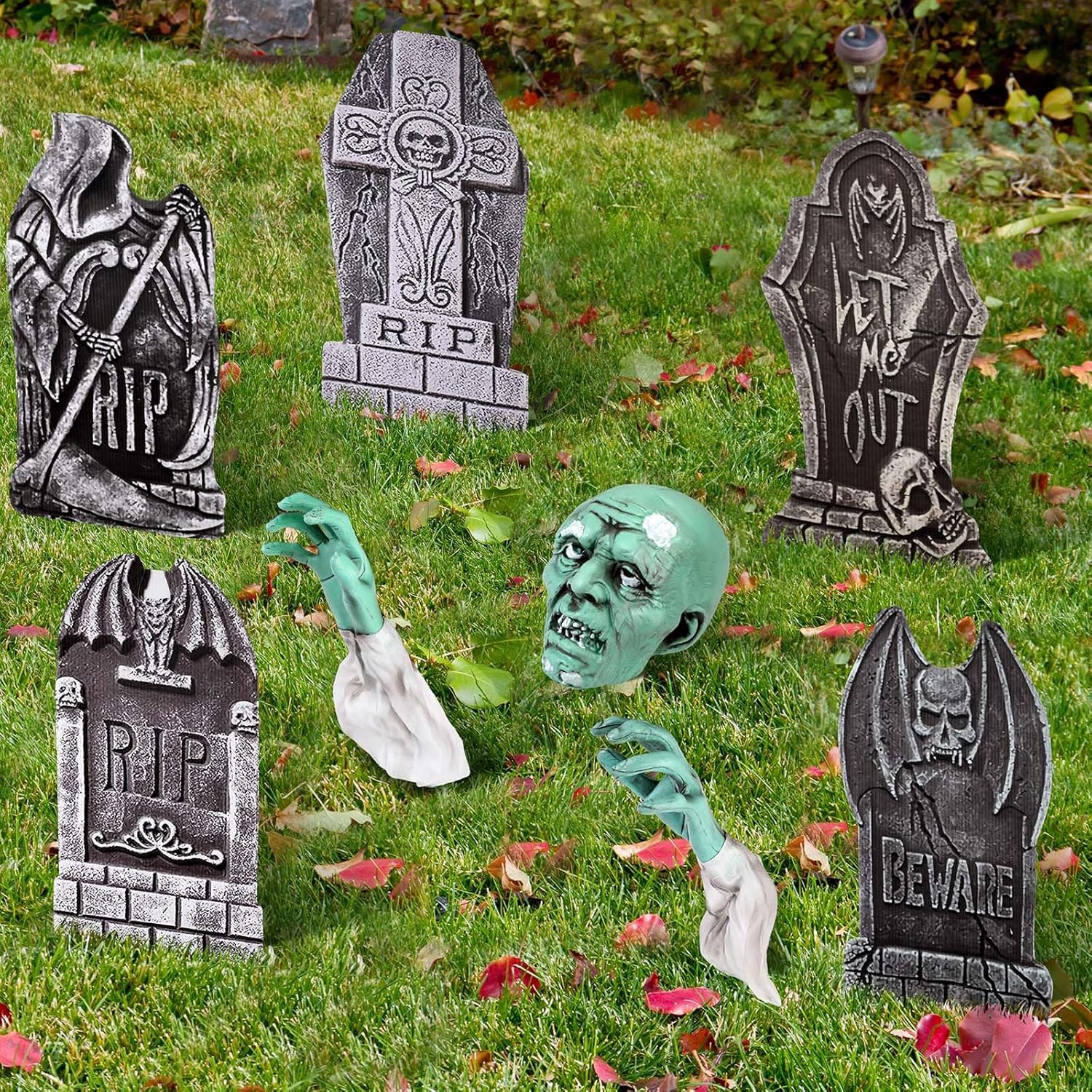 Soaoo El juego de decoración de zombi para Halloween incluye 1 estaca de esqueleto aterrador y 5 lápidas de cementerio de espuma de Halloween de 17