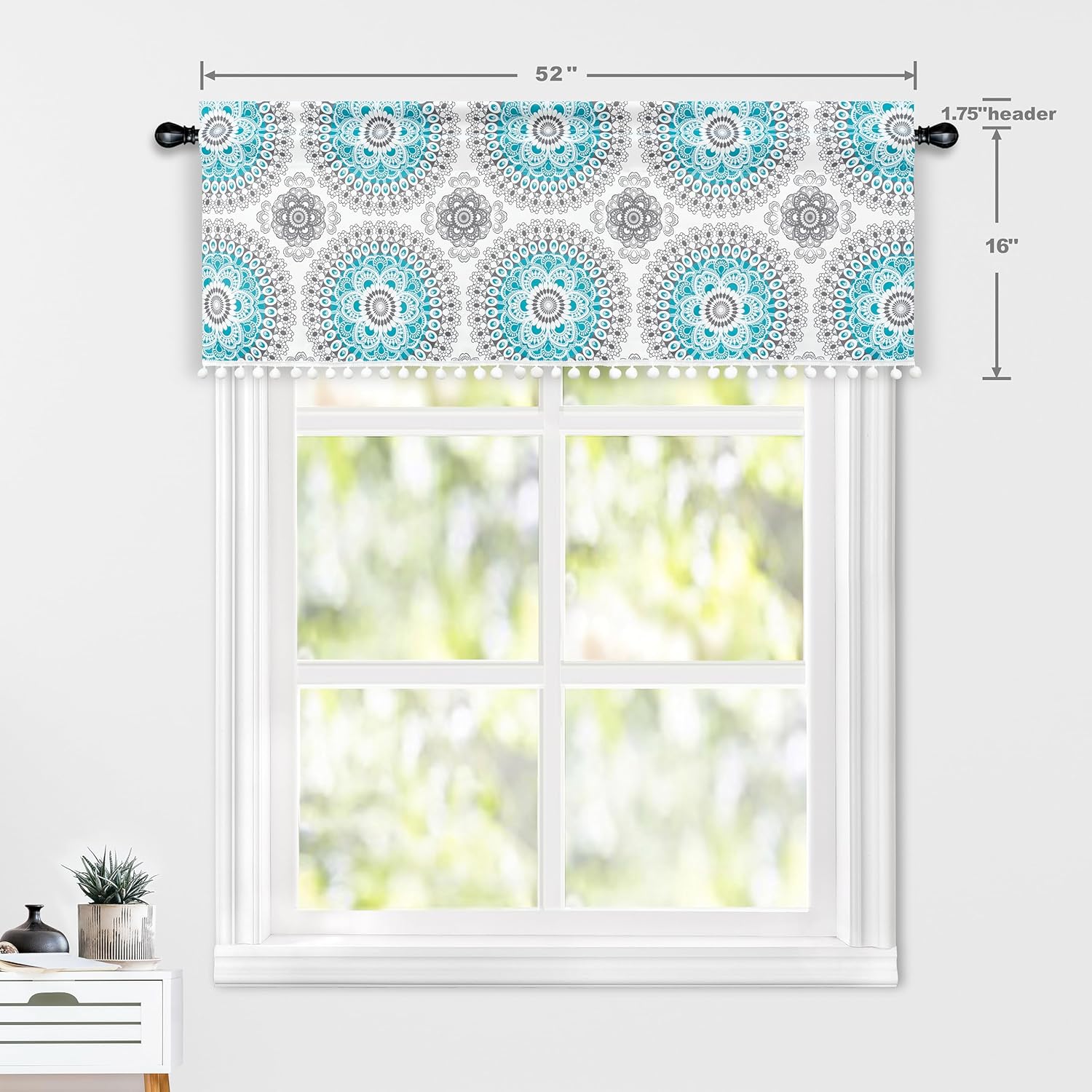 DriftAway Cortinas para dormitorio, con patrón bohemio de medallón Bella para oscurecer la habitación, cortina corta con ribete de pompones, cenefa