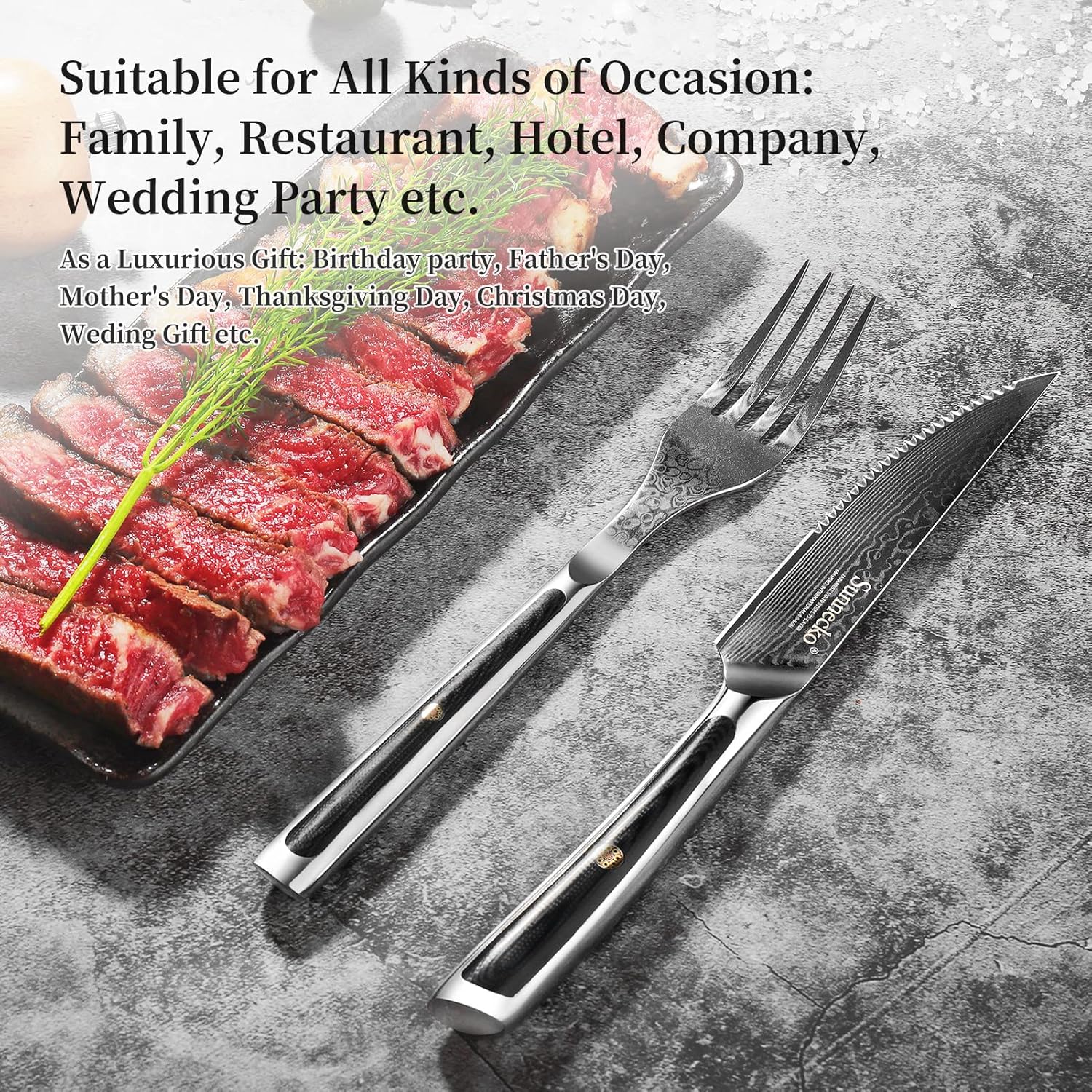 Sunnecko Damasco – Juego de 8 cuchillos para carne de acero inoxidable VG10 con dentadura y dentados, aptos para lavavajillas, juego de cuchillos y