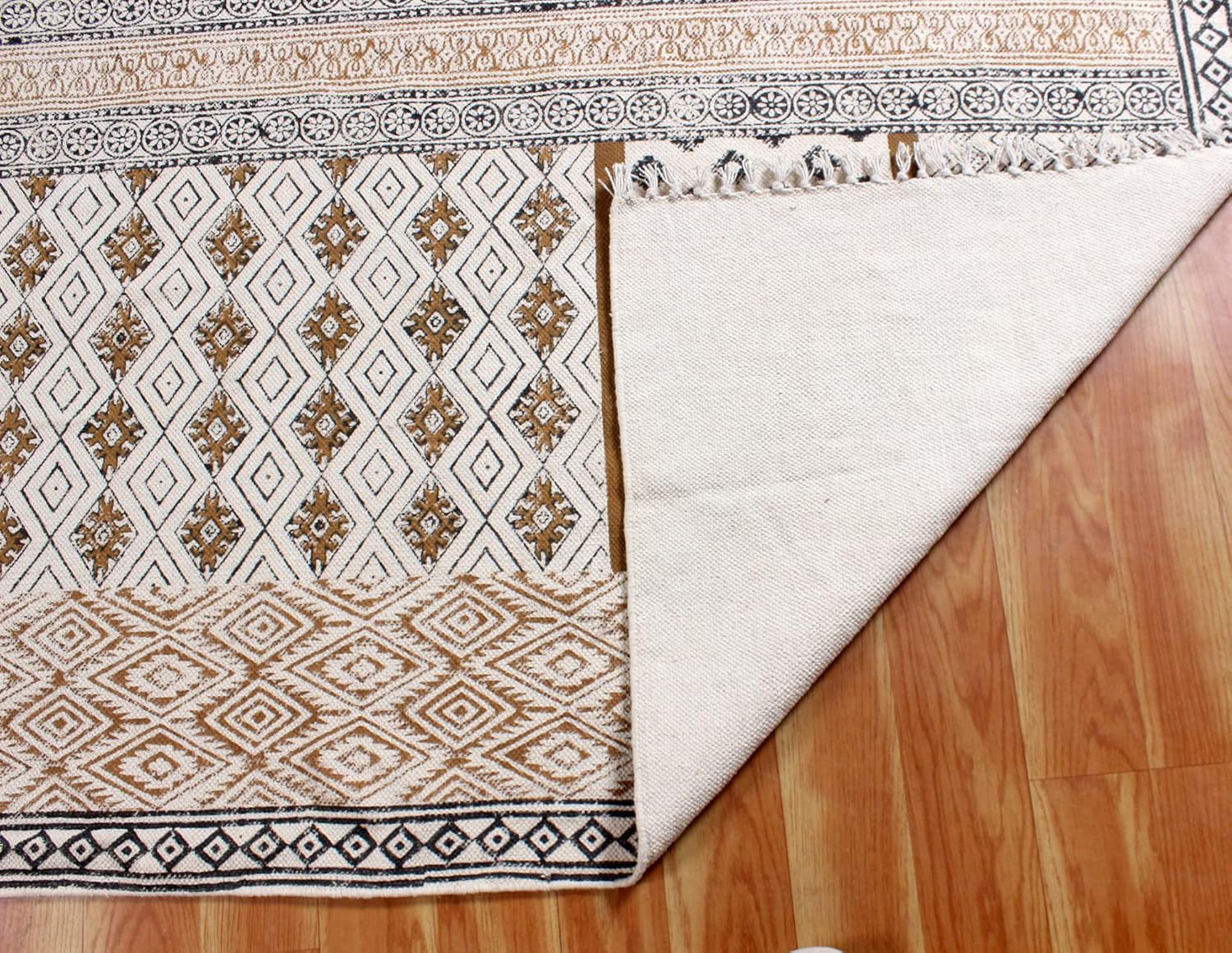 Collection – Alfombra rectangular de 5 x 8 pies, color marrón y negro, de algodón, diseño geométrico Dhurrie, para interiores y exteriores, para