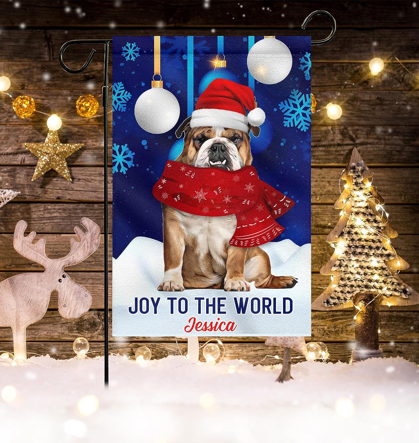 Bandera de jardín de perro de Navidad con nombre personalizado, regalos de bulldog inglés para decoración de Feliz Navidad, bandera de bienvenida