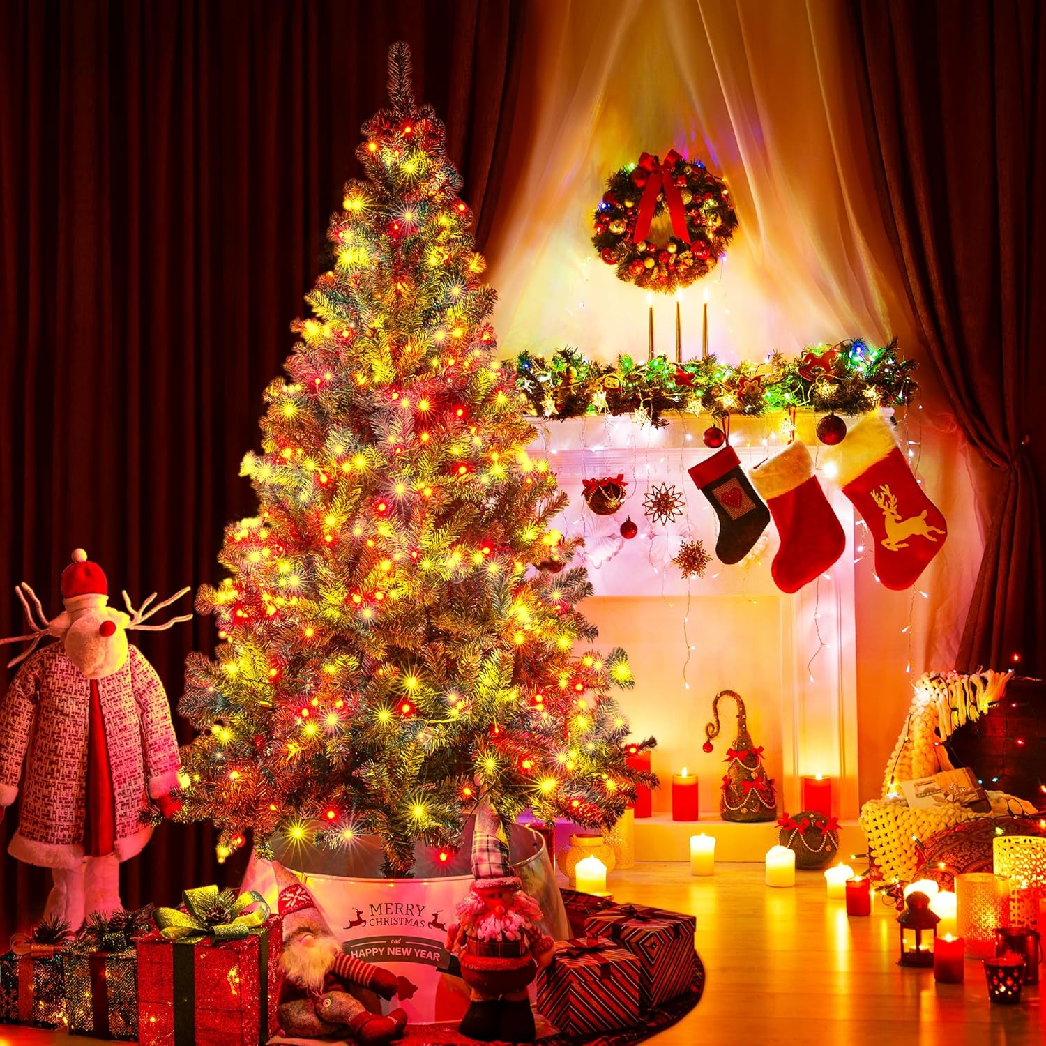 Sunnyglade Árbol de Navidad artificial de alta calidad de 6 pies con 400 luces LED multicolor (no preencordadas) y soporte de metal resistente, 8