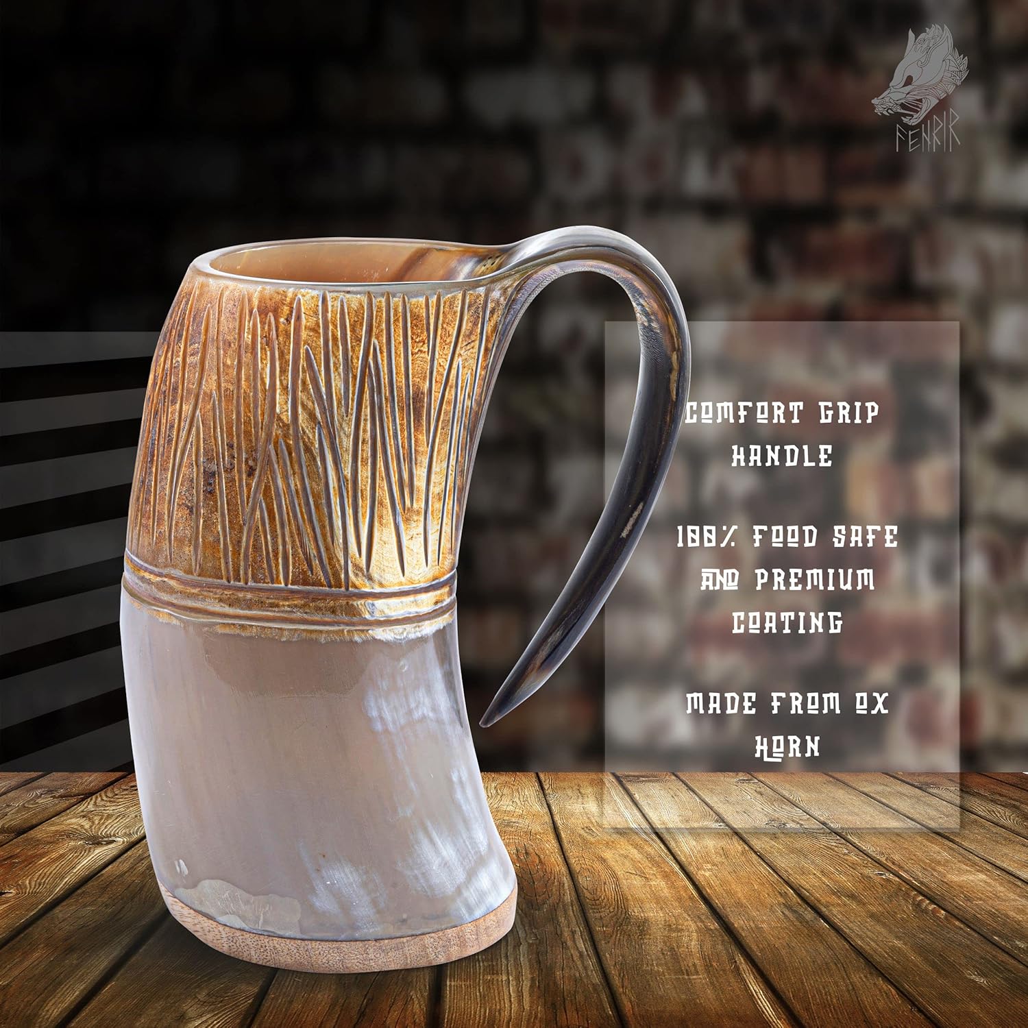 FENRIR Taza de cuerno de buey vikingo prémium para cerveza y aguamiel y cerveza y jarra de bebida fría, taza con acabado natural con vidrio corto y