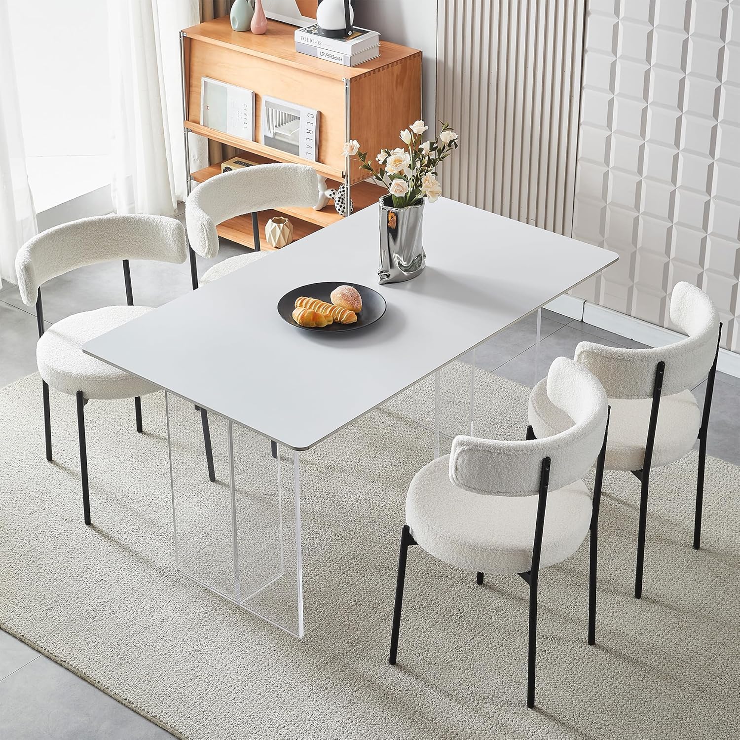 Honyee Sillas de comedor blancas, modernas sillas de comedor juego de 4, sillas de comedor redondas de forro polar de peluche, sillas de comedor con