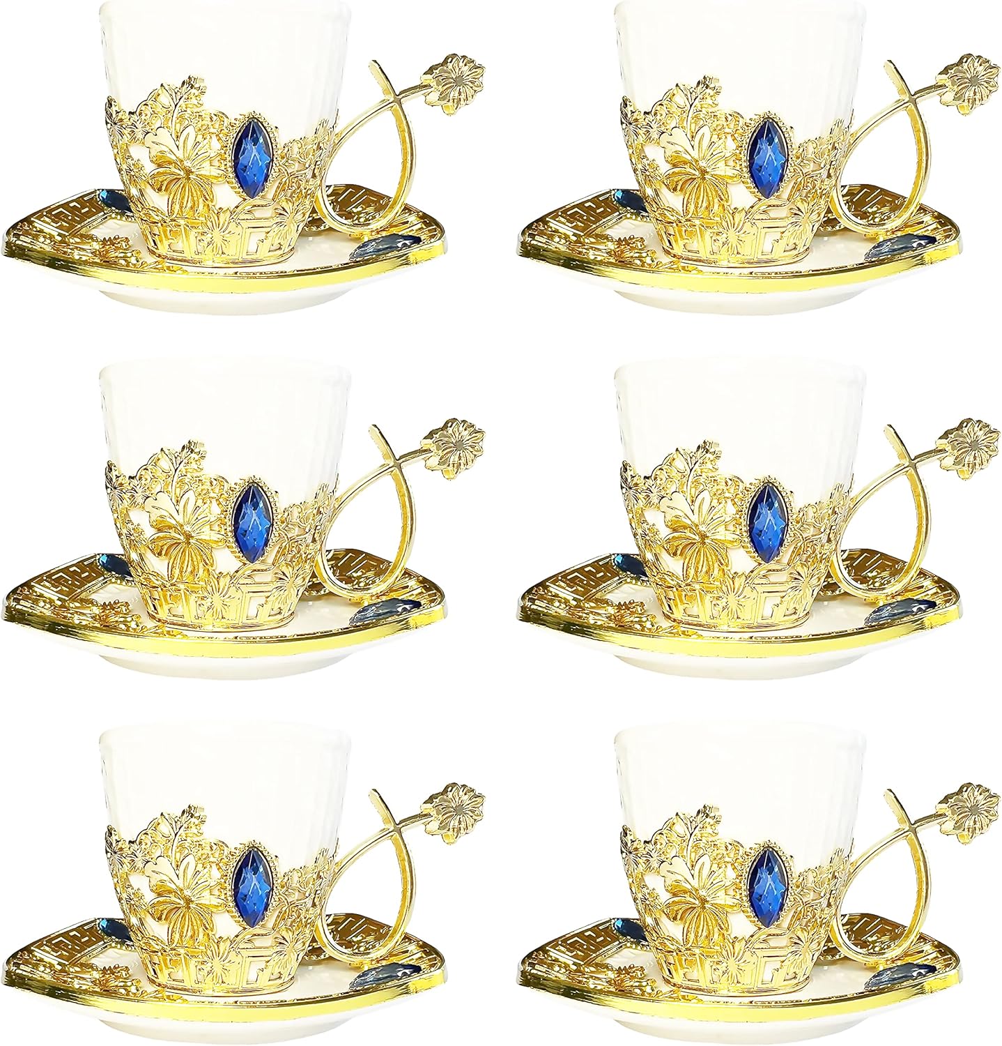 Chandler Juego de café turco expreso, taza de café griego árabe y platillo de 3 onzas líquidas con caja de regalo acrílica dorada, colección de 7