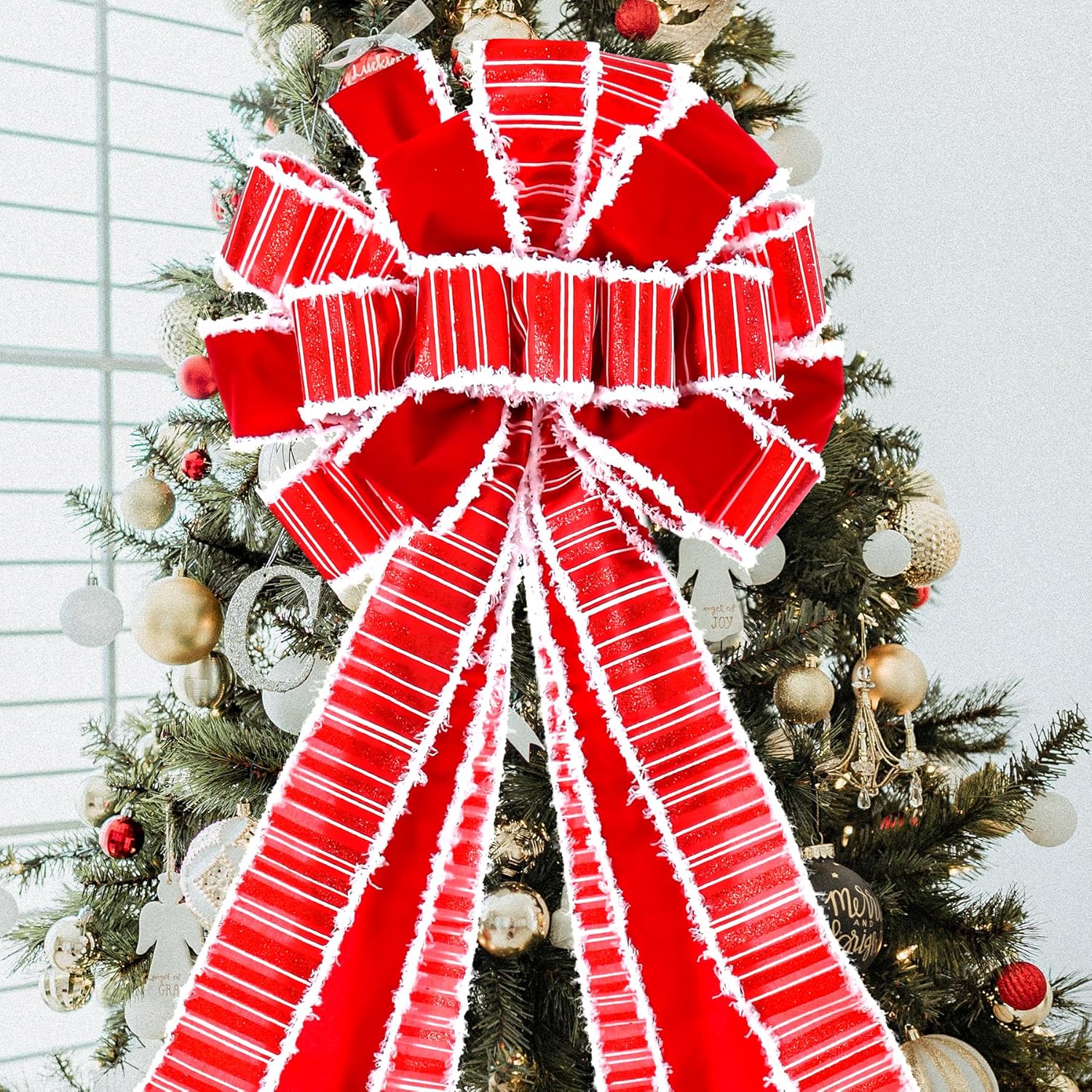 Decoración para árbol de Navidad, lazo grande rojo para árbol de Navidad, arpillera con borde de poliéster blanco, lazo de regalo para adorno de