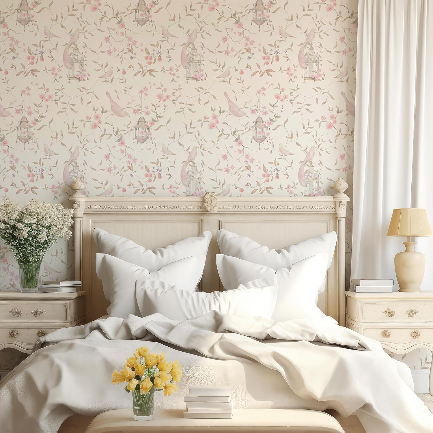 Papel tapiz chinoiserie con pájaro rosa y flores, papel tapiz francés para dormitorio, papel tapiz apto para inquilinos, despegar y pegar extraíble