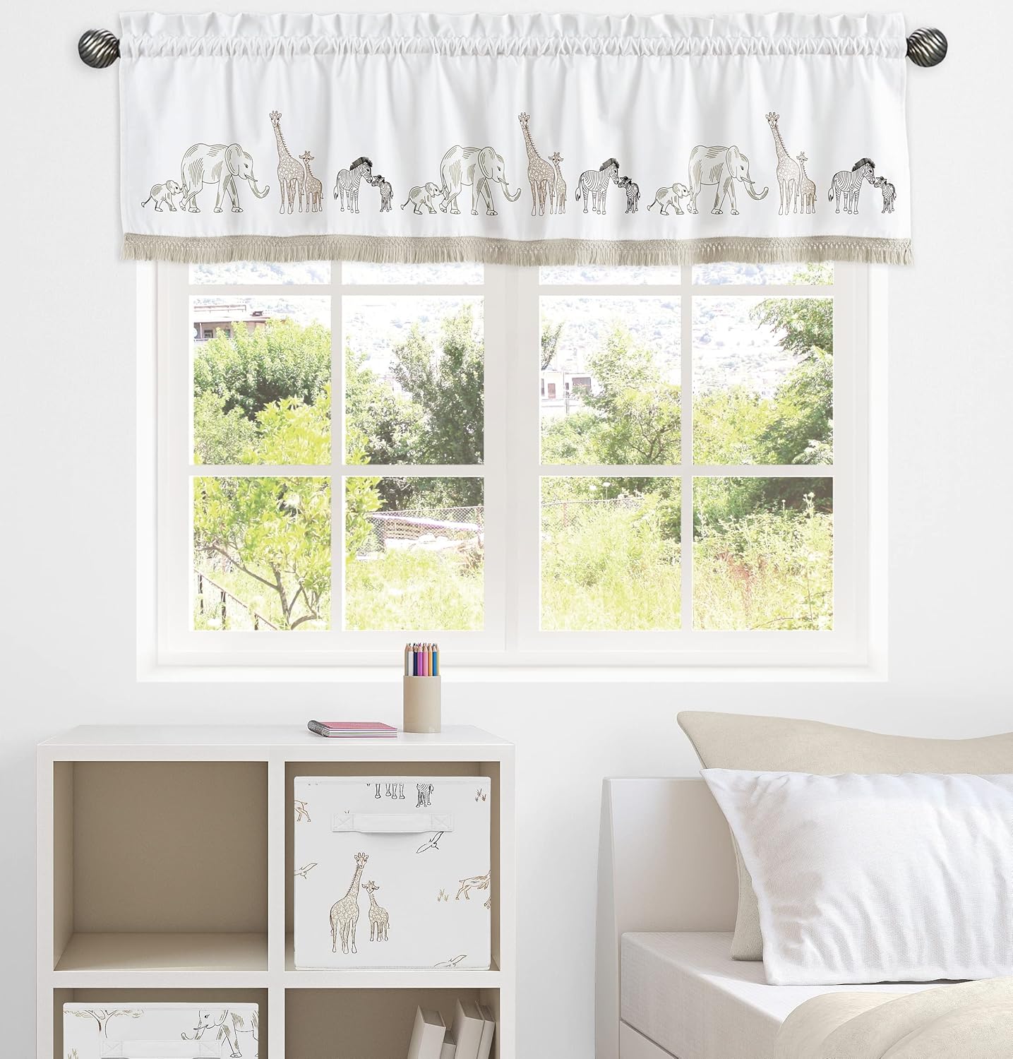 Sweet Jojo Designs Cenefa de tratamiento de ventana de animales de safari en la selva  Bronceado Beige Marrón Taupe Negro y Blanco Género Neutral