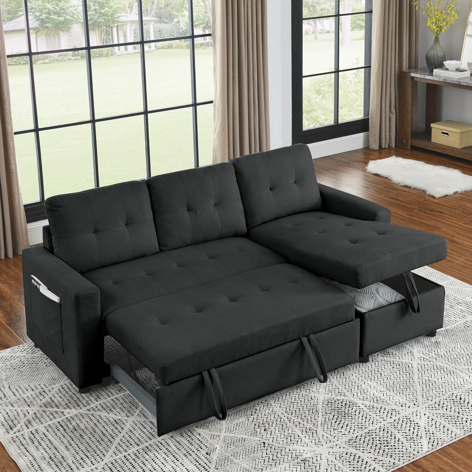 Ucloveria Sofá cama modular reversible para sala de estar en forma de L, sofá futón 2 en 1 con bolsa de almacenamiento lateral, negro, negro, 78.5