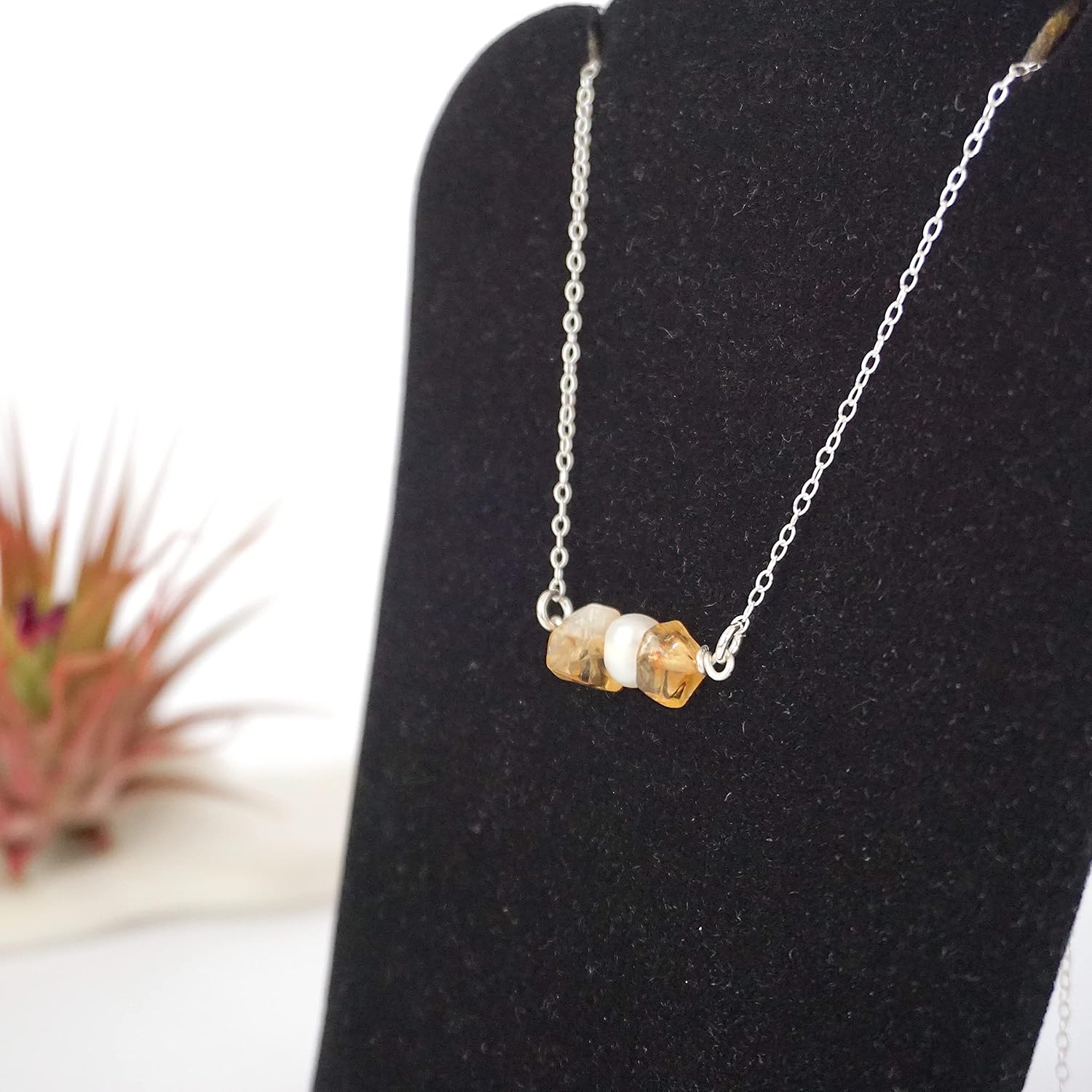 Designs by Nature Gems Handmade Womens Citrine & Pearl Charm Necklace 20-22 inch Adjustable Chain Sterling Silver, February & June Birthstone