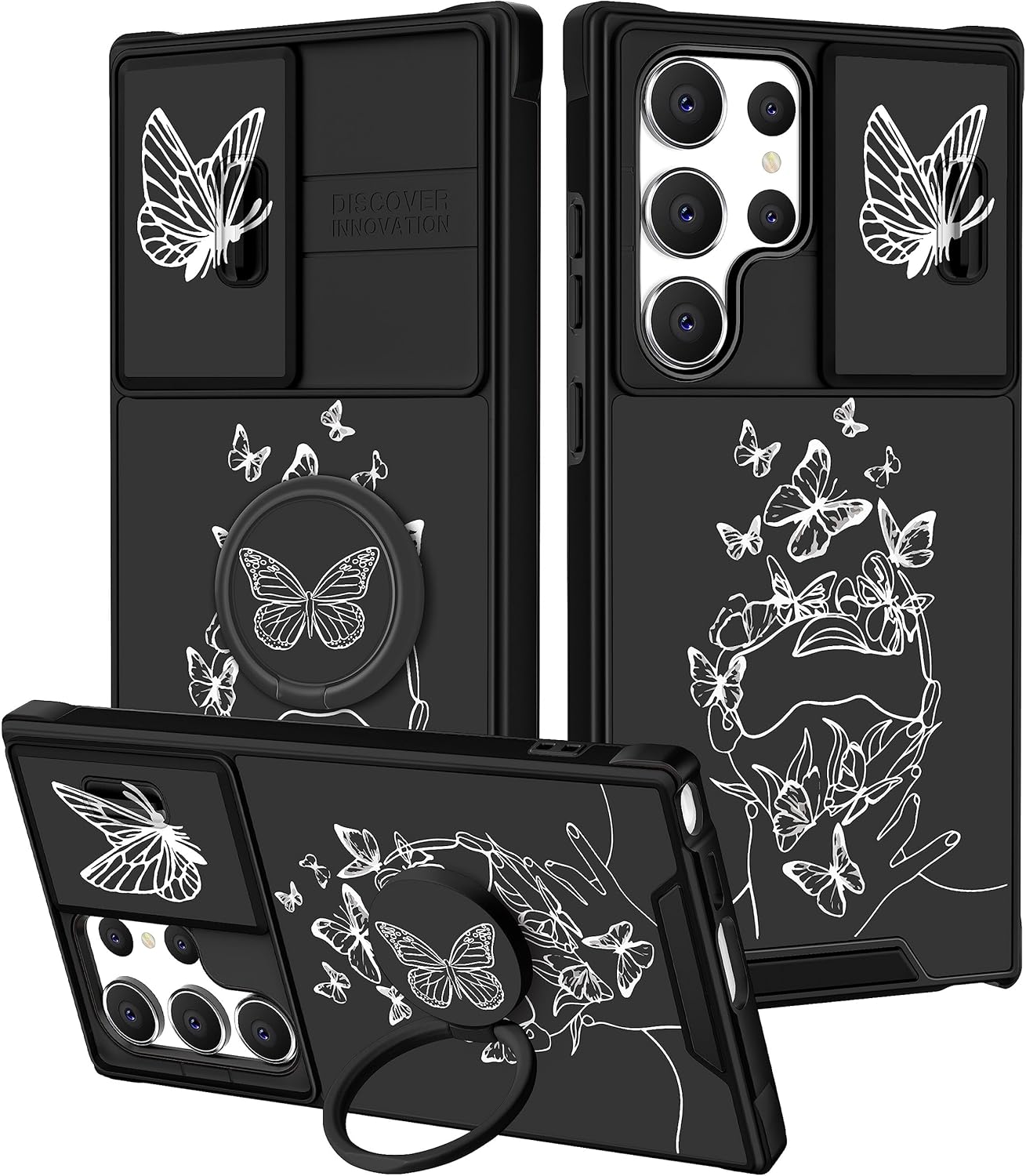 Funda 2 en 1 para Samsung Galaxy S22 Ultra para mujer, bonita funda de teléfono con diseño de mariposa blanca con funda para cámara y soporte de