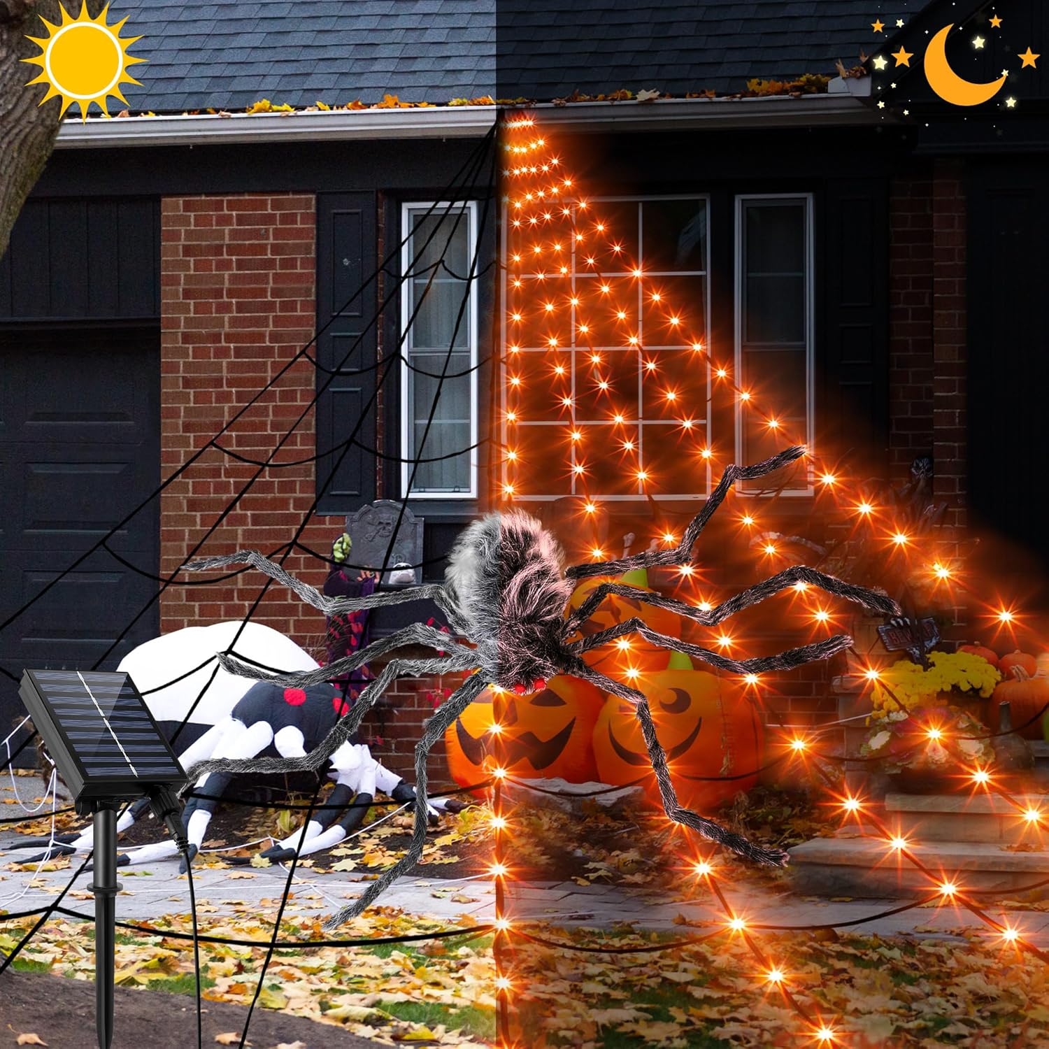 Red de araña solar para decoración de Halloween, 16.4 x 15.7 pies, enorme telaraña triangular alimentada por energía solar, 192 LED, 8 modos,