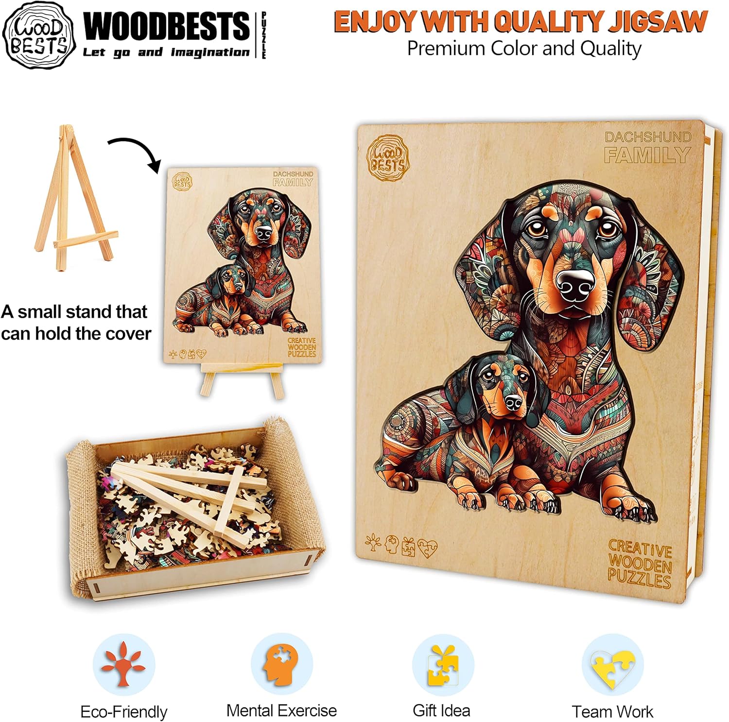 WOODBESTS Rompecabezas de madera para adultos, rompecabezas de perro salchicha (M, 200 piezas, 11.4 x 10.7 pulgadas), hermosa caja de madera,