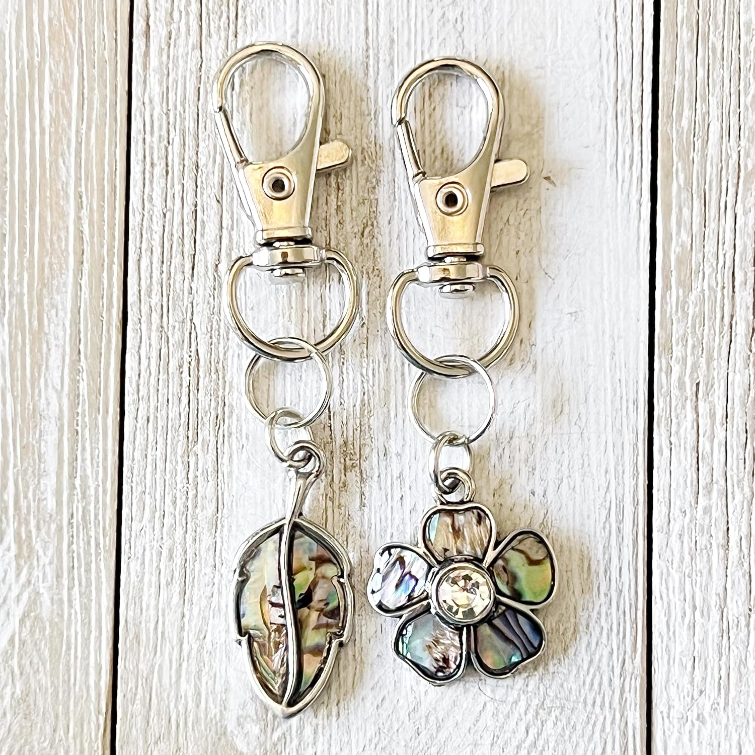 Silver Flower & Leaf Purse Charms, Abalone Shell Handbag Jewelry, Floral Fall Zipper Pulls, Cool Keychain, Backpack Charms, Nature Gift Sets