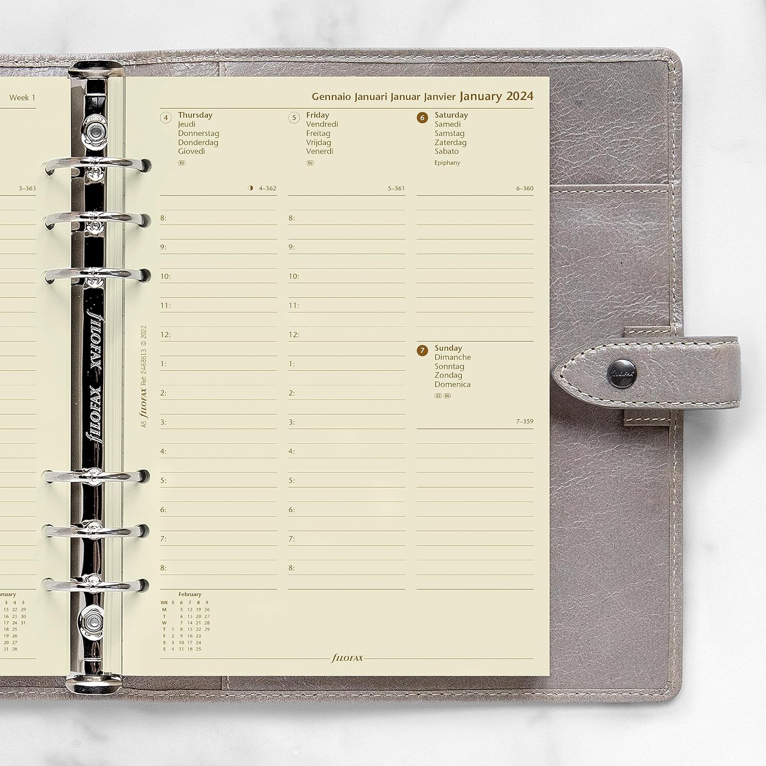 Filofax Recambio de diario de calendario, tamaño A5, vista semanal con citas, papel crema de algodón, multilingüe cinco idiomas, 2024 (C68513-24)