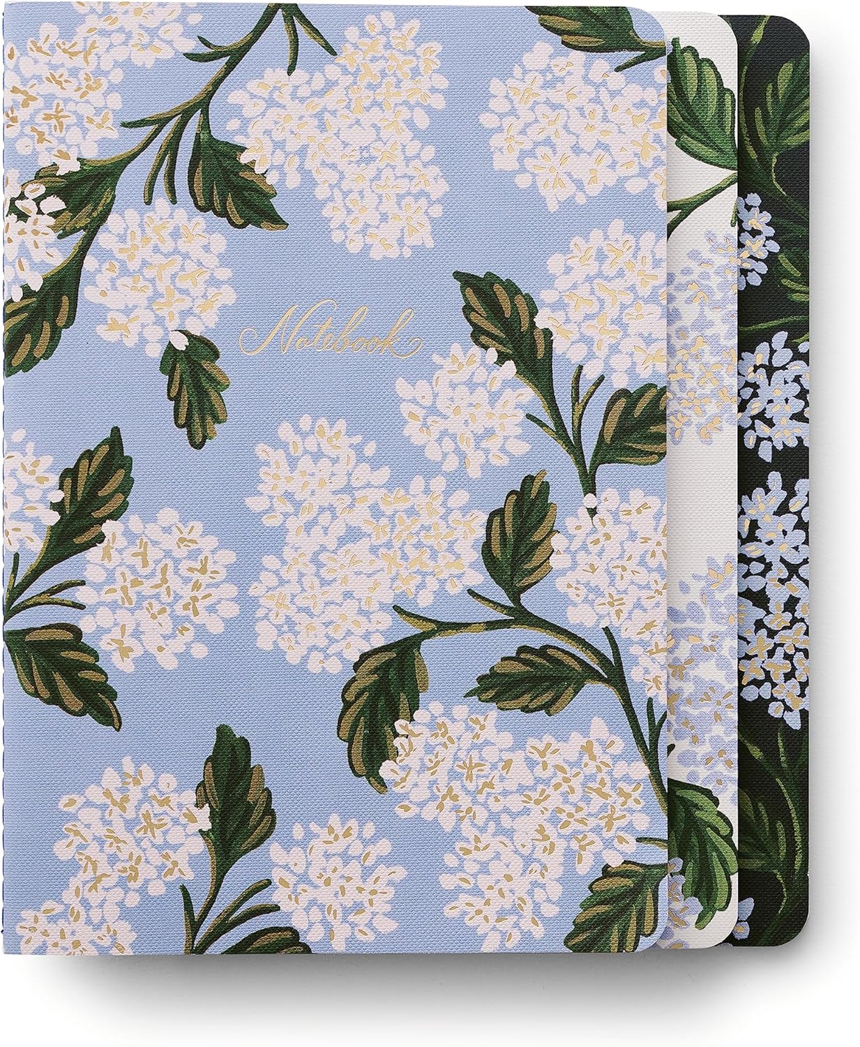 RIFLE PAPER CO. Juego de cuadernos cosidos de hortensias, juego surtido de 3 cuadernos, 64 páginas rayadas con tinta dorada, cubierta de papel de