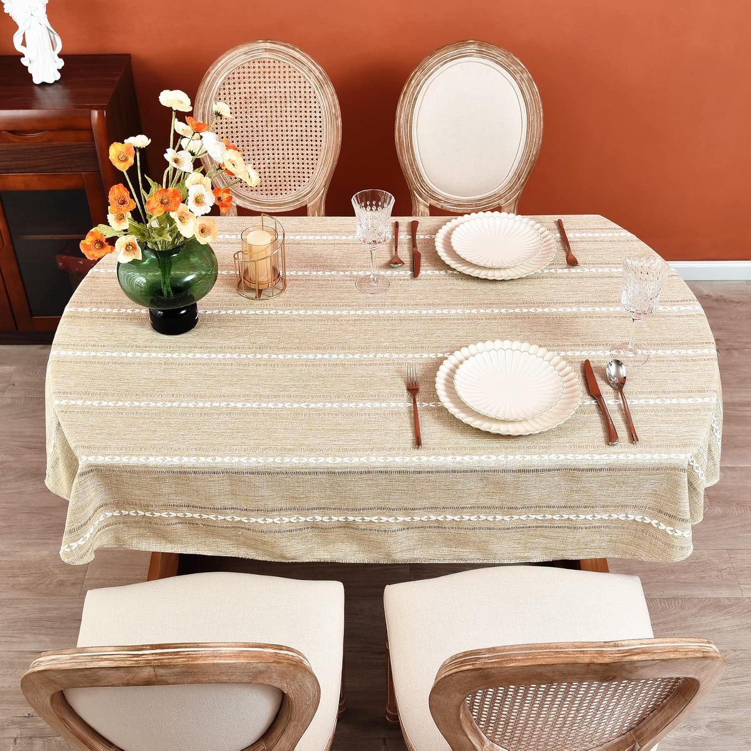Mantel rústico ovalado de lino de algodón bordado, mantel de primavera para cocina, comedor, fiesta, mantel para mesas ovaladas, 54 x 72 pulgadas,