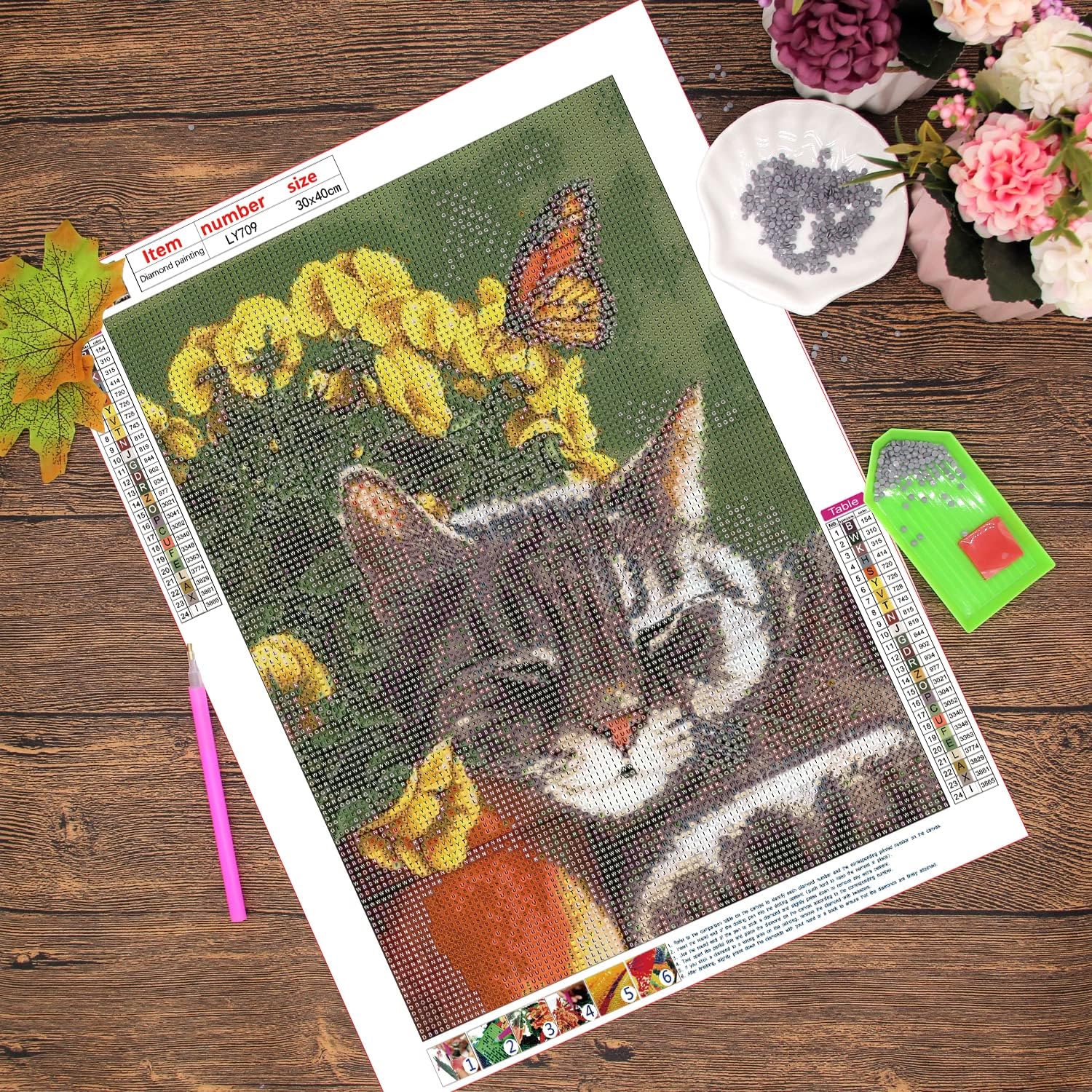KEOOID Kits de pintura de diamantes de flores para adultos, niños y principiantes, arte redondo con gemas de gato y mariposa con diamantes 5D para