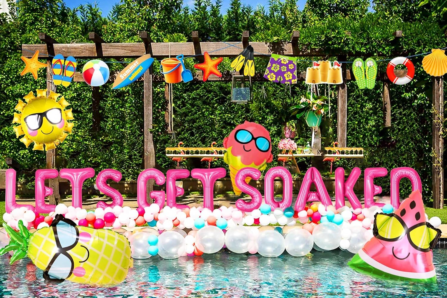 JeVenis Pink Lets Get Soaked – Decoración de cumpleaños para piscina y playa, globos para remojarnos, globos de cumpleaños para piscina, fiesta de