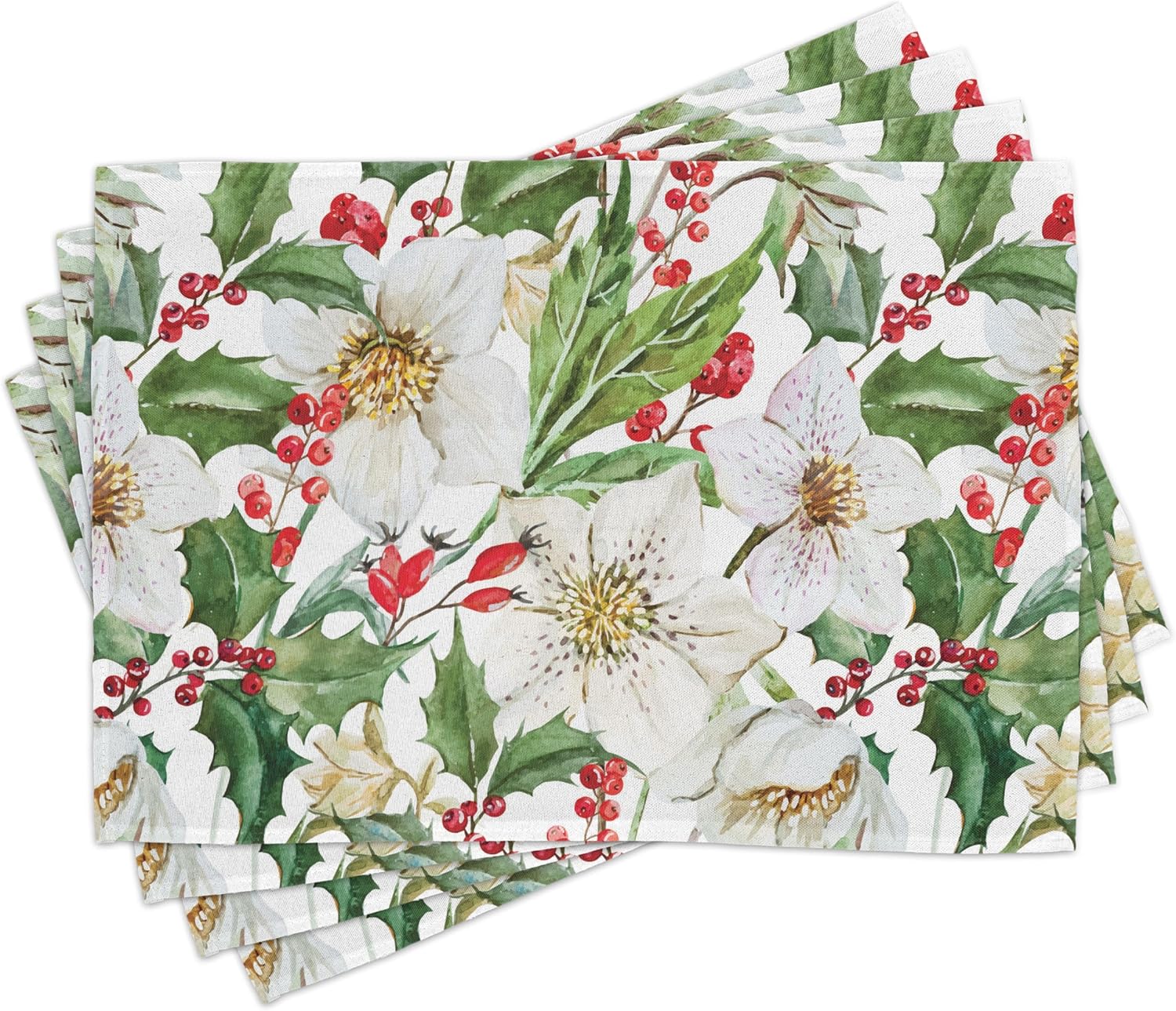 Ambesonne Watercolor Table Runner & Placemats, Christmas Themed Floral Poinsettia Berries Winter Inspirations Leaf, Set for Dining Table Decor,