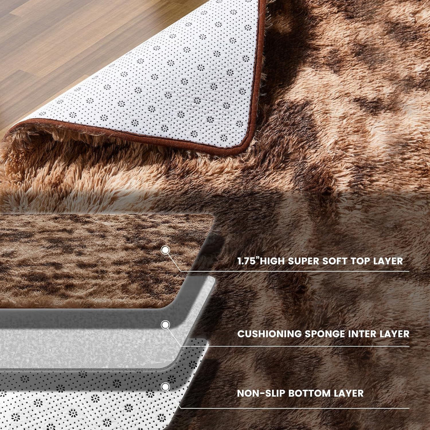 Alfombras mullidas de pelo largo para dormitorio, 5 x 7 pies, teñido anudado café, alfombra rectangular acogedora y antideslizante, alfombras de