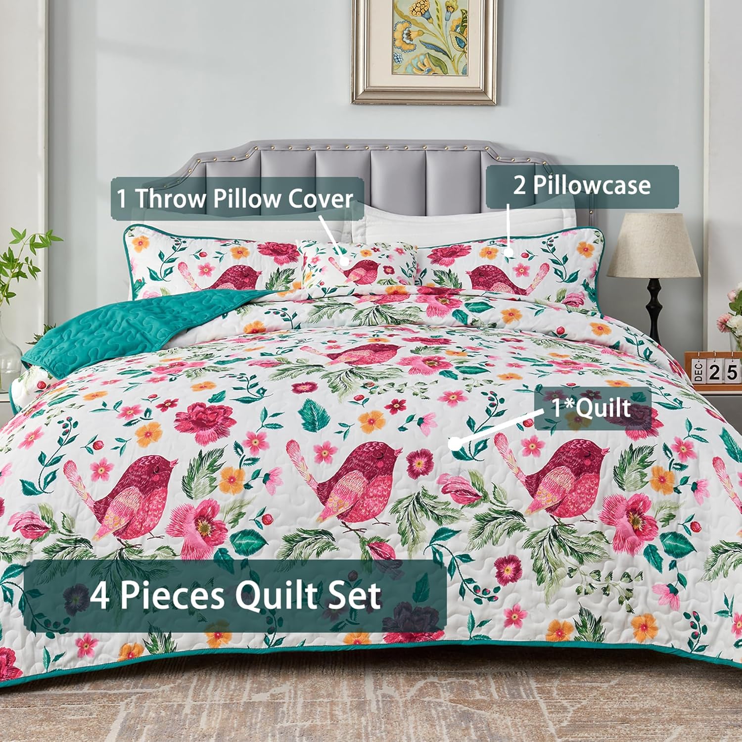 Mnribey Juego de edredón floral de 4 piezas tamaño King, 1 edredón con 2 fundas de almohada y 1 funda de almohada, colcha botánica de pájaros y