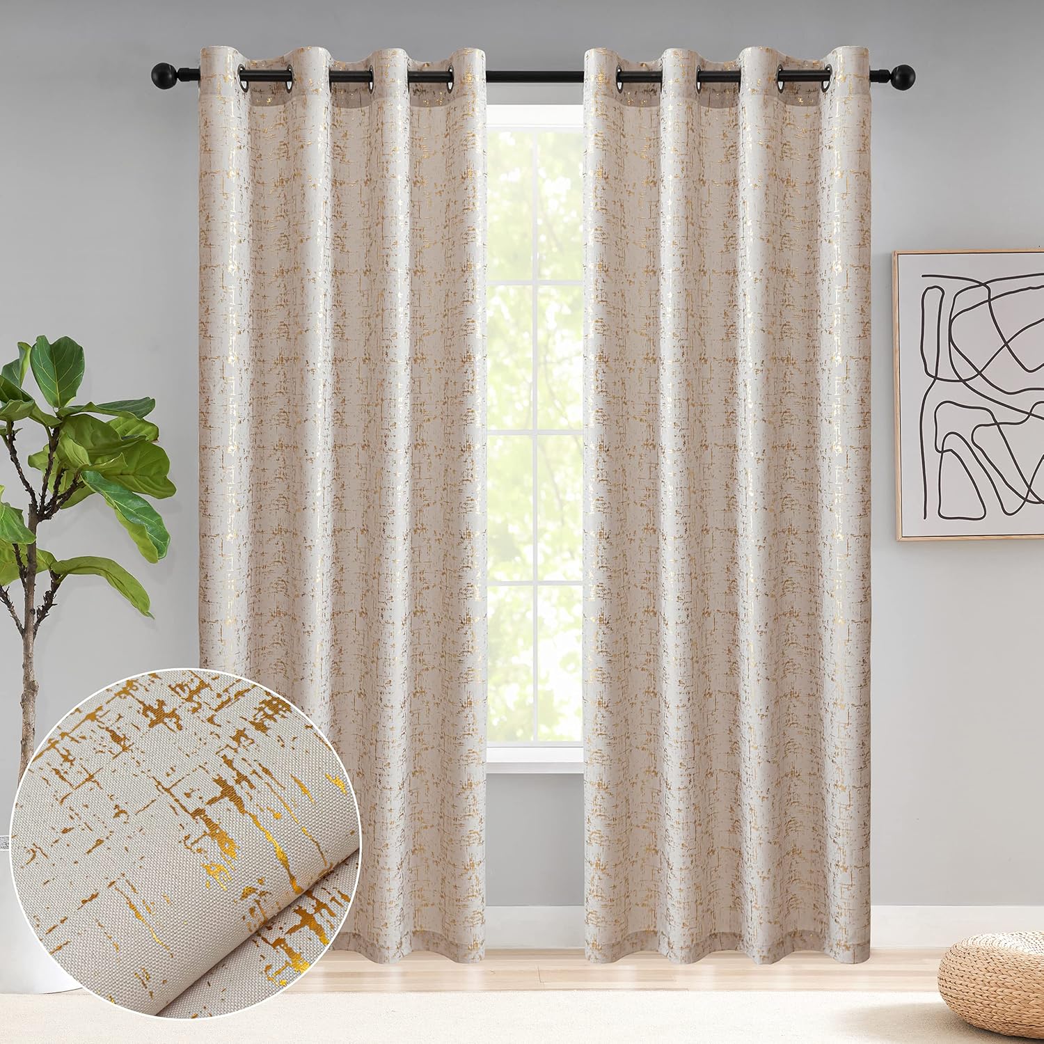 Taisier Home Cortinas de lino con textura para sala de estar, cortinas de oscurecimiento con puntos de aluminio para dormitorio, juego de 2 paneles