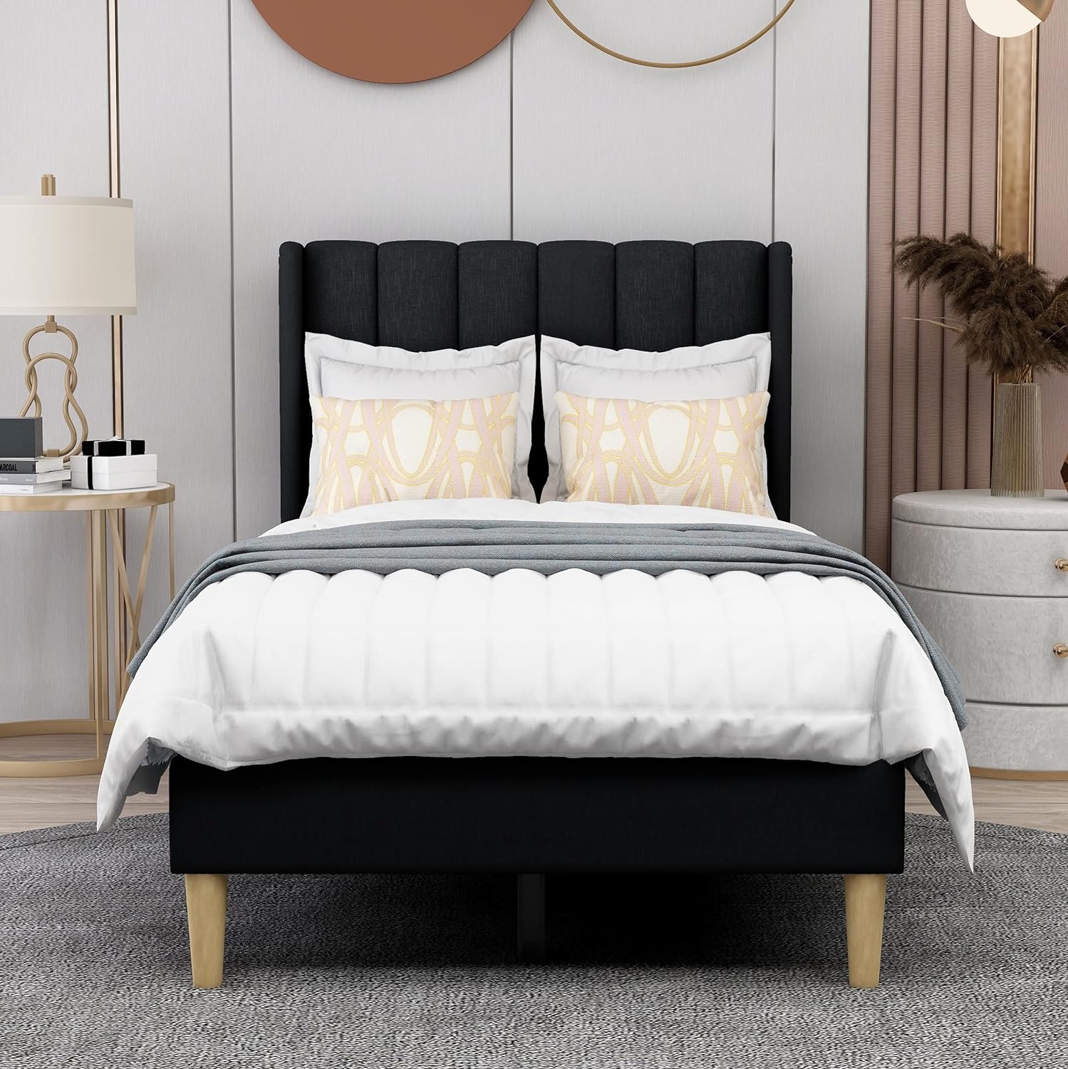 AGARTT Base de cama tapizada tamaño individual con cabecero y estribo, soporte de listones de madera, no necesita somier, fácil montaje, lino negro