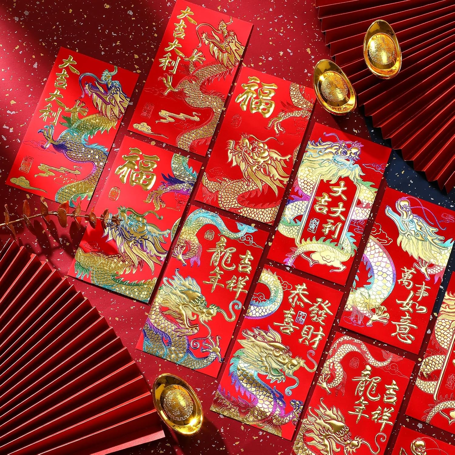 UPINS Sobres rojos de año nuevo chino 2024, 48 sobres rojos de dinero de la suerte Hong Bao con estampado de dragón lunar en relieve para decoración