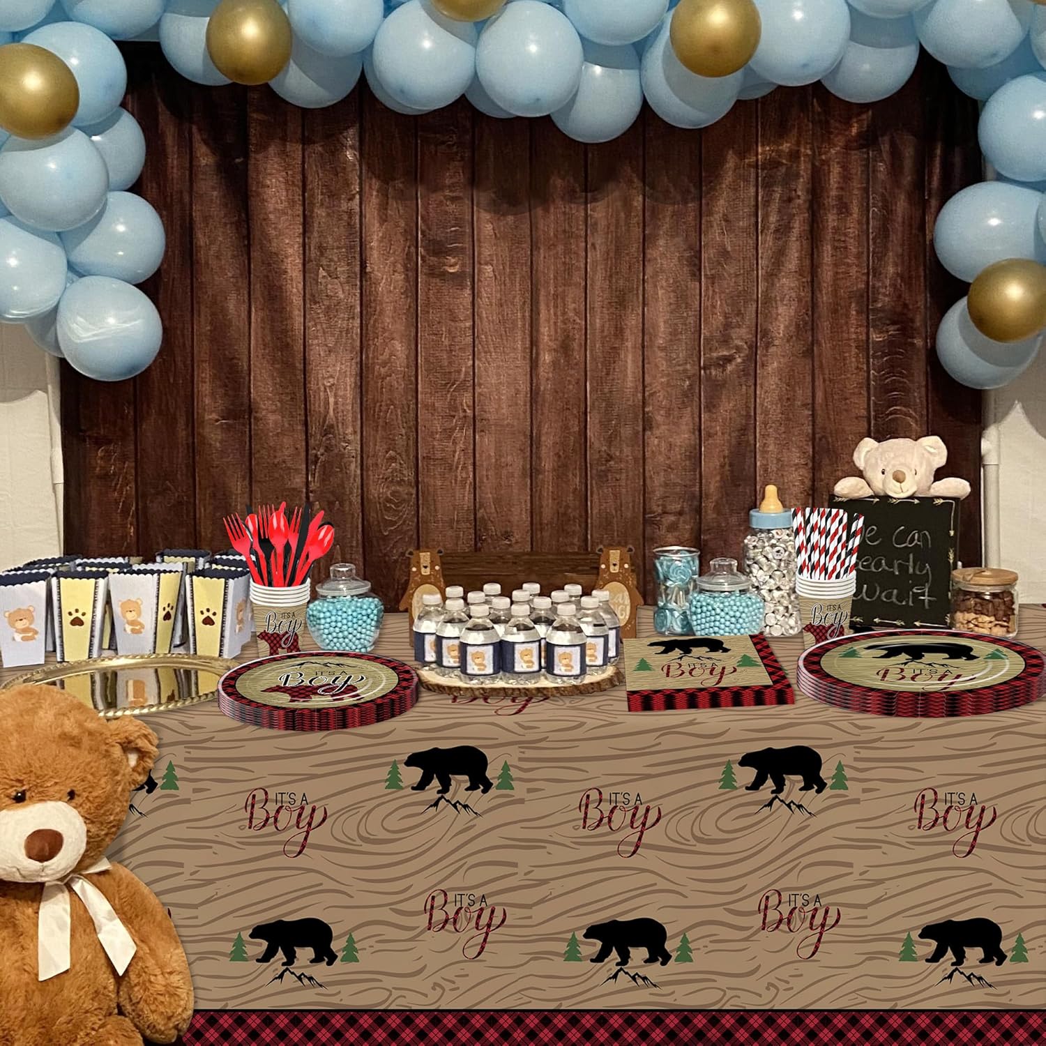 Xigejob Decoraciones de leñador para baby shower, suministros de fiesta de leñador para bebé, plato, taza, servilleta, mantel, cubiertos, búfalo a