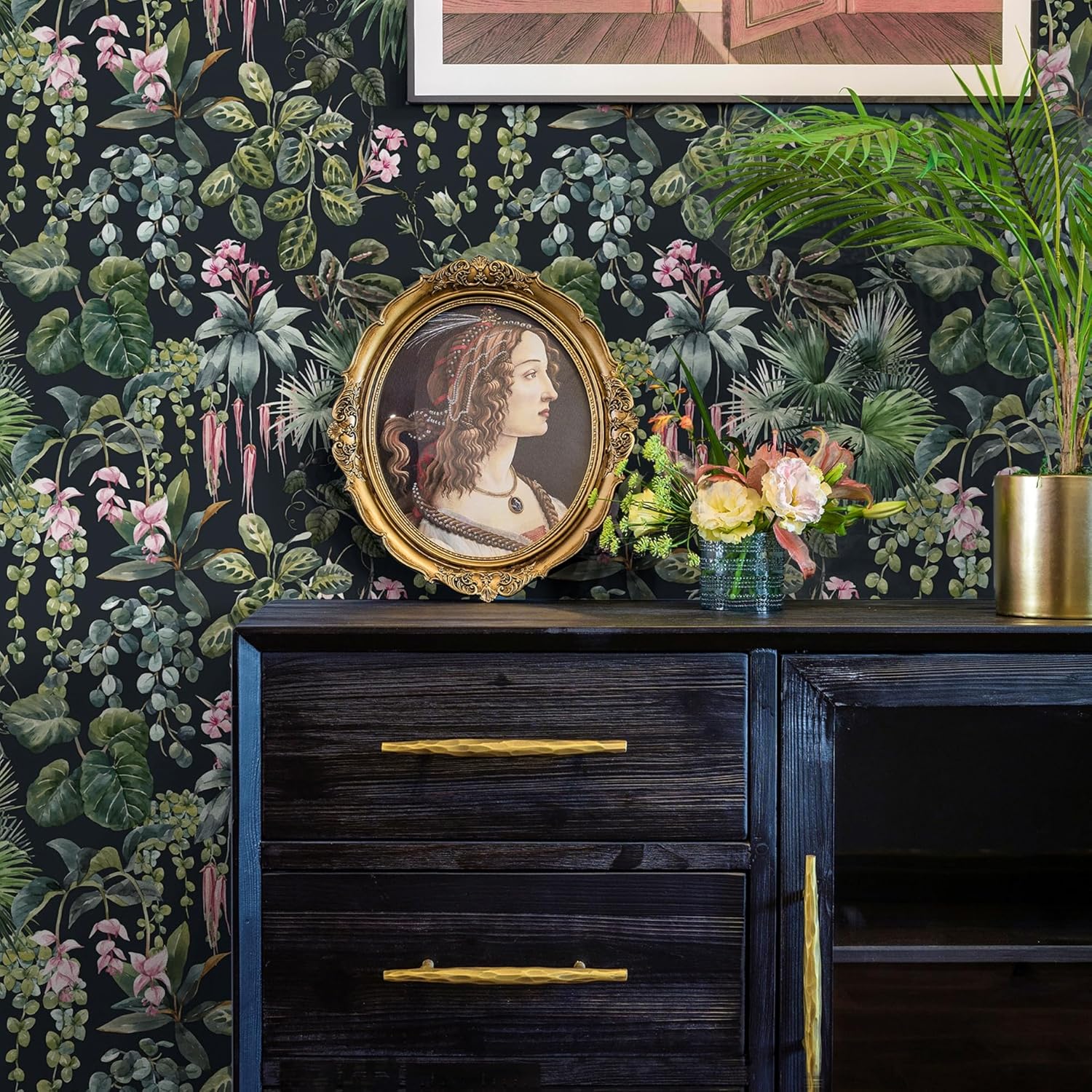 Ismoon Papel tapiz floral oscuro para despegar y pegar, papel tapiz tropical, papel de contacto verde, papel de contacto verde, papel tapiz de