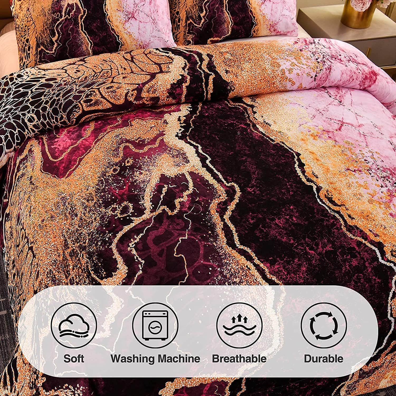 A Nice Night Juego de ropa de cama con estampado de mármol como montaña ardiente, diseño de ilustraciones de acuarela de estilo retro, juego de