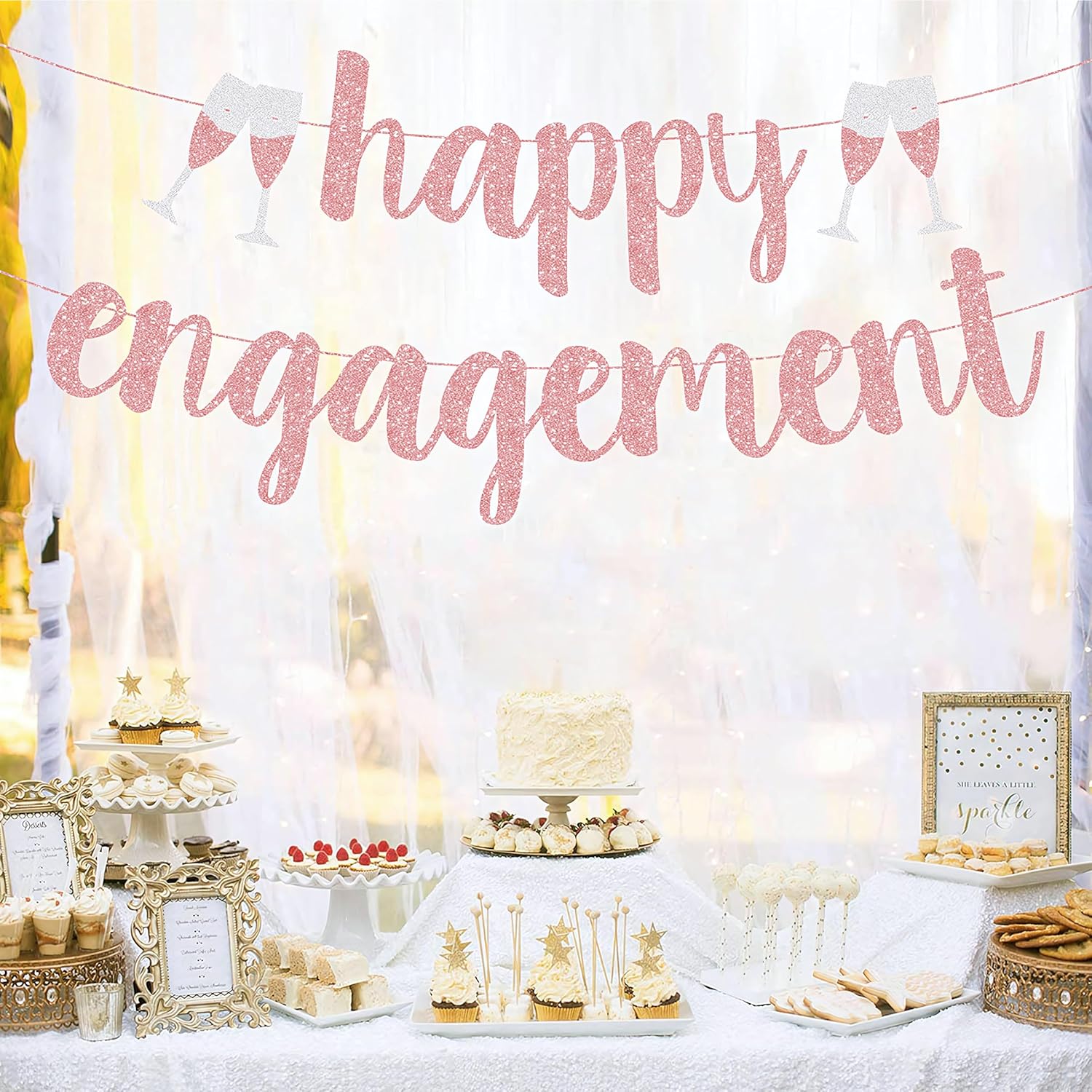 Cartel de compromiso feliz con purpurina de oro rosa, ideal para decoraciones de bodas y fiestas de compromiso, despedidas de soltera y celebrar a