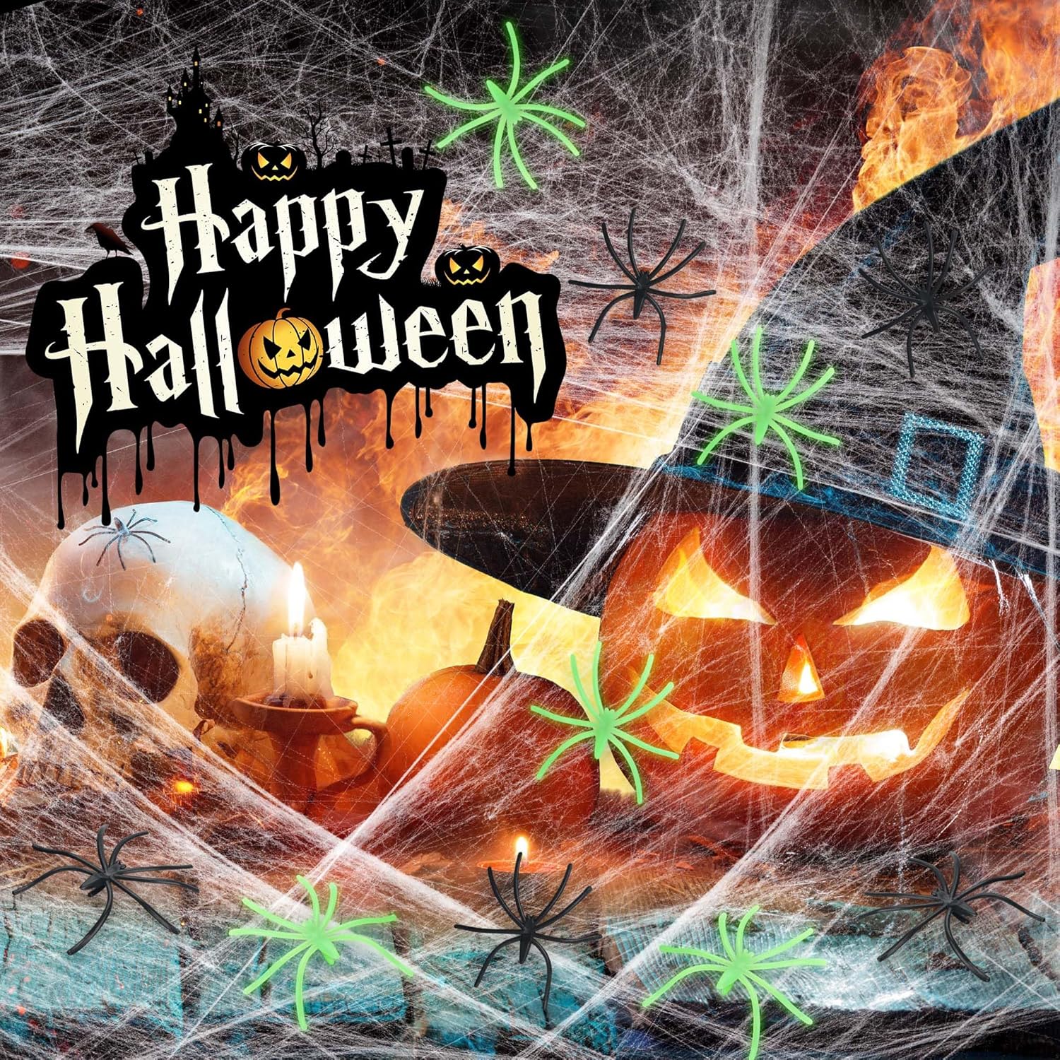 Telarañas de 1000 pies cuadrados, decoraciones de Halloween, 50 arañas falsas brillantes y 50 negras, telarañas superelásticas grandes para